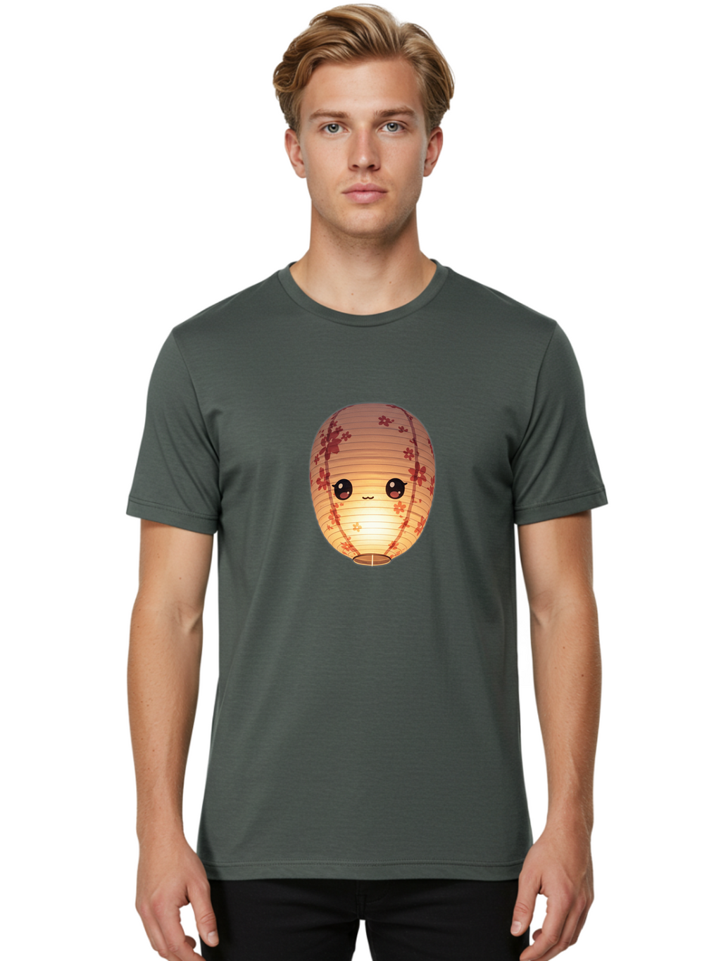 Paper-Lantern-1 Men'S Graphic Tee, 100% Cotton, Comfortable Casual Summer Wear, Machine Washable, Kawaii Paper Lantern, Red Flowers, Soft Lighting, Cute Emoji, Adorable Design, Lantern Art, Japanese Culture, Festive Decor Bad401