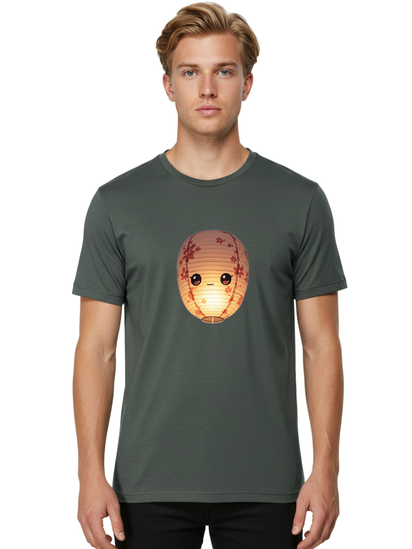 Paper-Lantern-1 Men'S Graphic Tee, 100% Cotton, Comfortable Casual Summer Wear, Machine Washable, Kawaii Paper Lantern, Red Flowers, Soft Lighting, Cute Emoji, Adorable Design, Lantern Art, Japanese Culture, Festive Decor Bad401