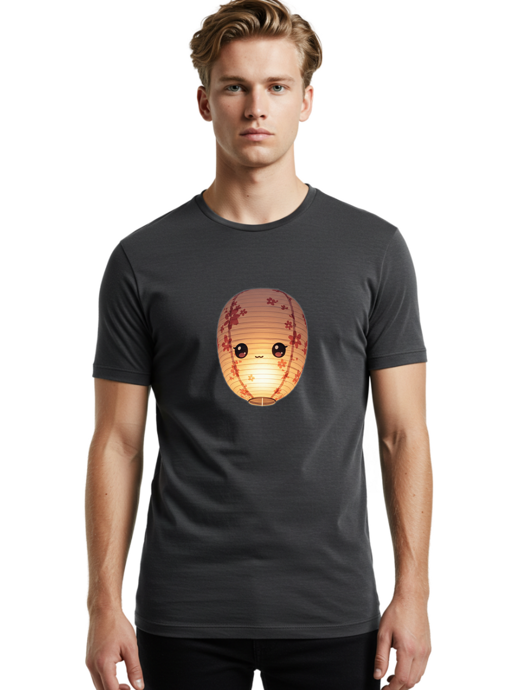 Paper-Lantern-1 Men'S Graphic Tee, 100% Cotton, Comfortable Casual Summer Wear, Machine Washable, Kawaii Paper Lantern, Red Flowers, Soft Lighting, Cute Emoji, Adorable Design, Lantern Art, Japanese Culture, Festive Decor Bad401