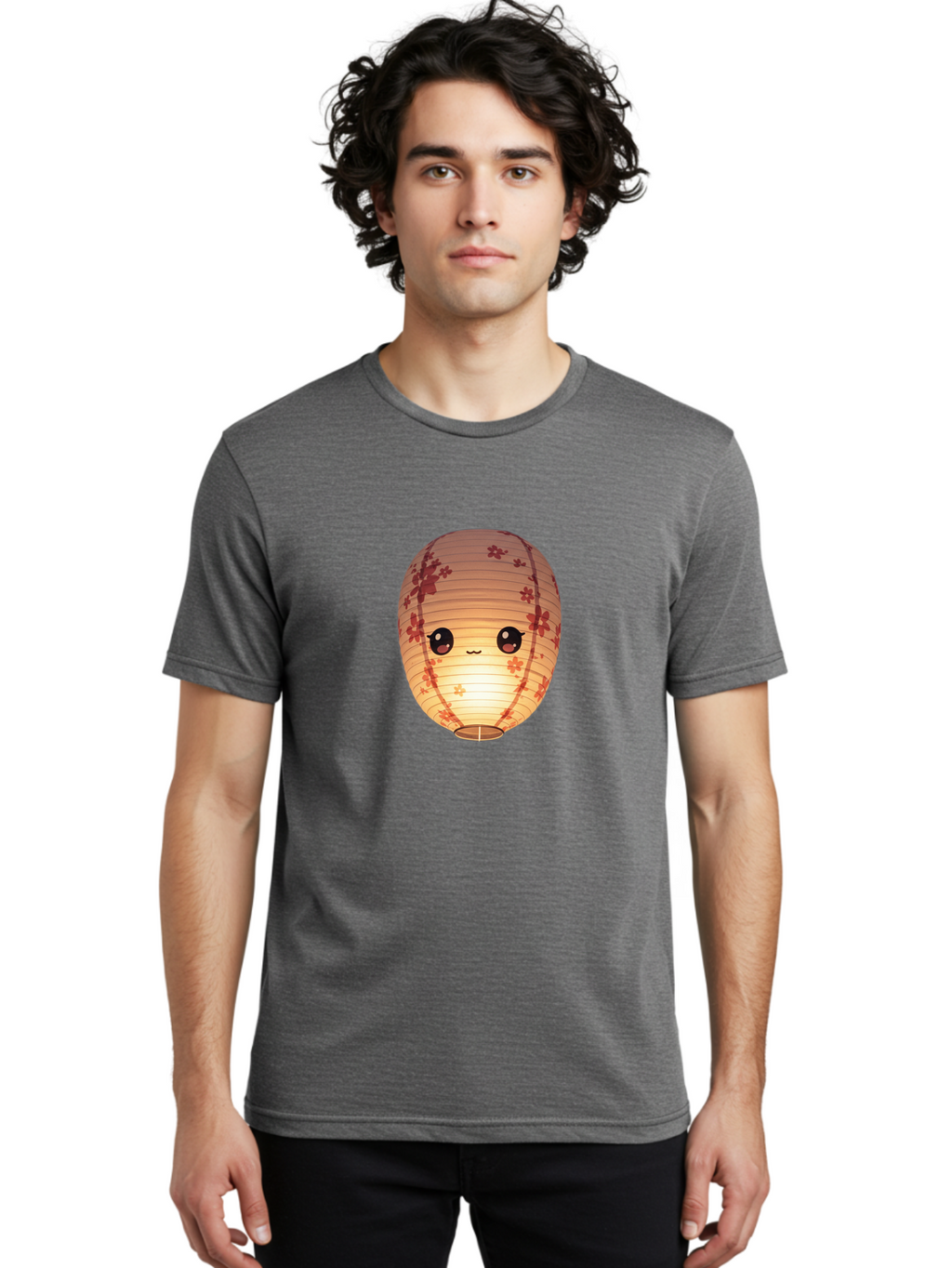 Paper-Lantern-1 Men'S Graphic Tee, 100% Cotton, Comfortable Casual Summer Wear, Machine Washable, Kawaii Paper Lantern, Red Flowers, Soft Lighting, Cute Emoji, Adorable Design, Lantern Art, Japanese Culture, Festive Decor Bad401