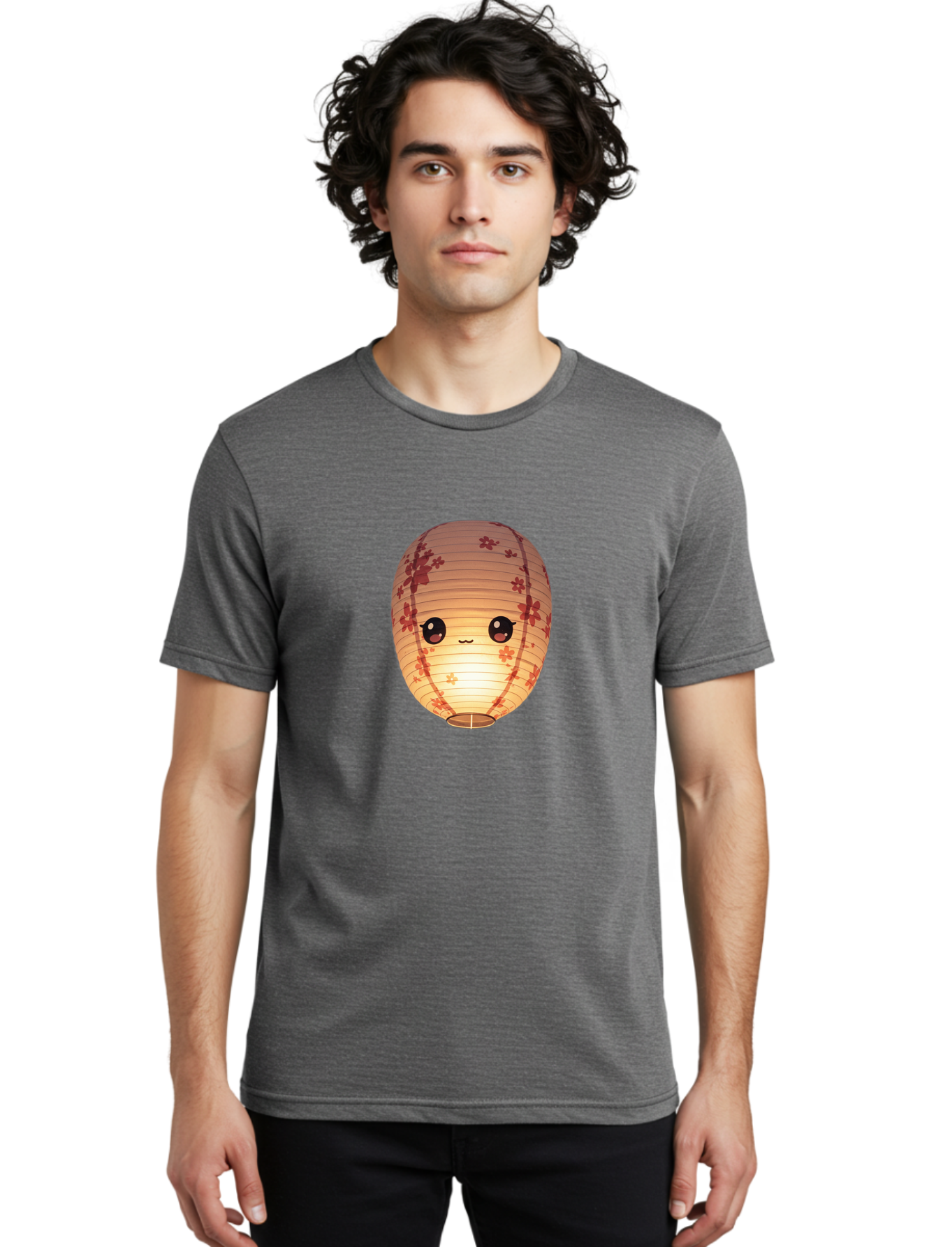 Paper-Lantern-1 Men'S Graphic Tee, 100% Cotton, Comfortable Casual Summer Wear, Machine Washable, Kawaii Paper Lantern, Red Flowers, Soft Lighting, Cute Emoji, Adorable Design, Lantern Art, Japanese Culture, Festive Decor Bad401