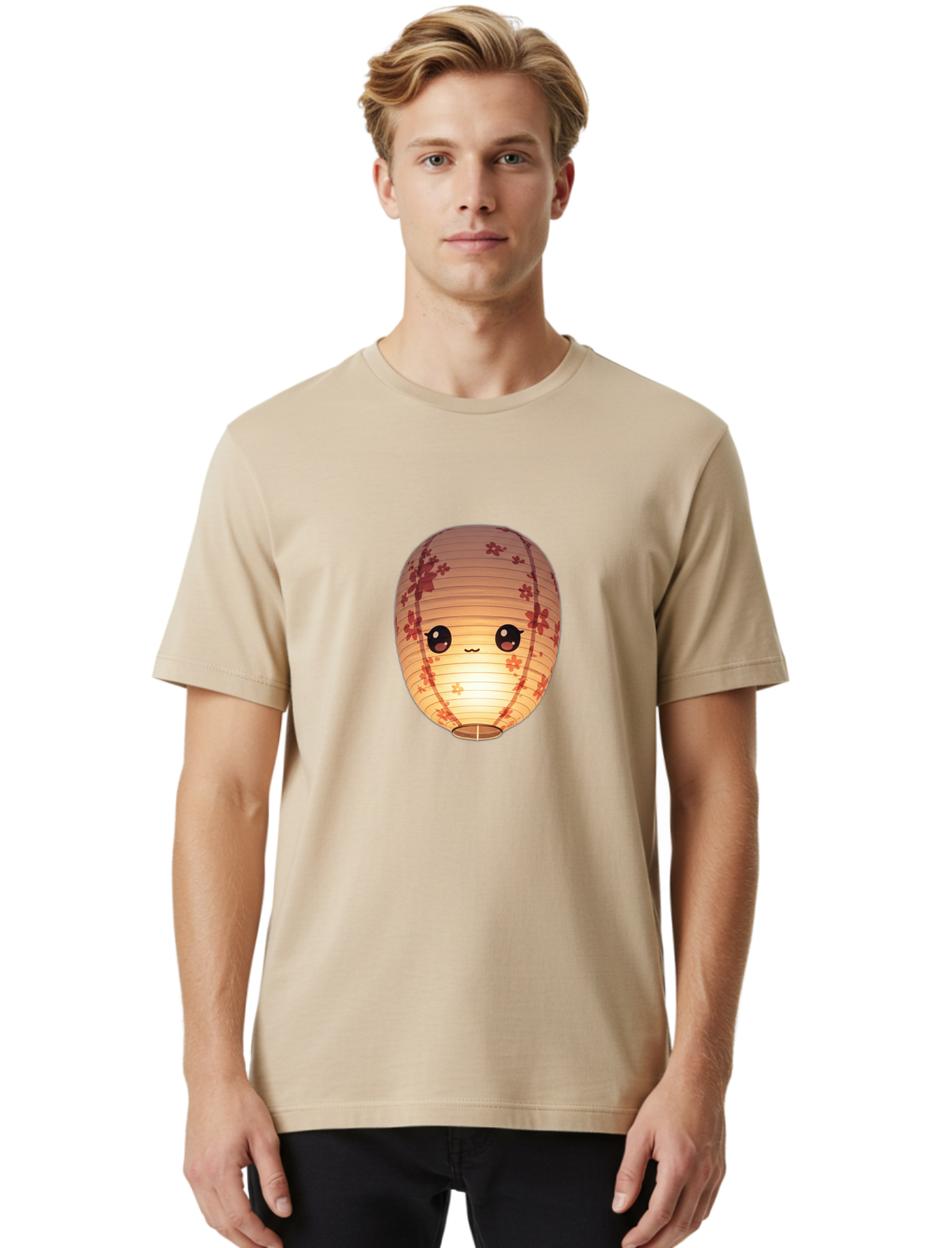 Paper-Lantern-1 Men'S Graphic Tee, 100% Cotton, Comfortable Casual Summer Wear, Machine Washable, Kawaii Paper Lantern, Red Flowers, Soft Lighting, Cute Emoji, Adorable Design, Lantern Art, Japanese Culture, Festive Decor Bad401
