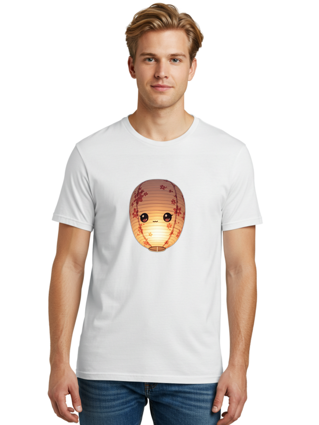 Paper-Lantern-1 Men'S Graphic Tee, 100% Cotton, Comfortable Casual Summer Wear, Machine Washable, Kawaii Paper Lantern, Red Flowers, Soft Lighting, Cute Emoji, Adorable Design, Lantern Art, Japanese Culture, Festive Decor Bad401