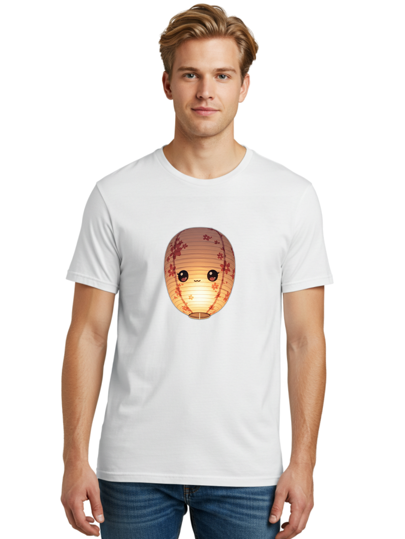 Paper-Lantern-1 Men'S Graphic Tee, 100% Cotton, Comfortable Casual Summer Wear, Machine Washable, Kawaii Paper Lantern, Red Flowers, Soft Lighting, Cute Emoji, Adorable Design, Lantern Art, Japanese Culture, Festive Decor Bad401