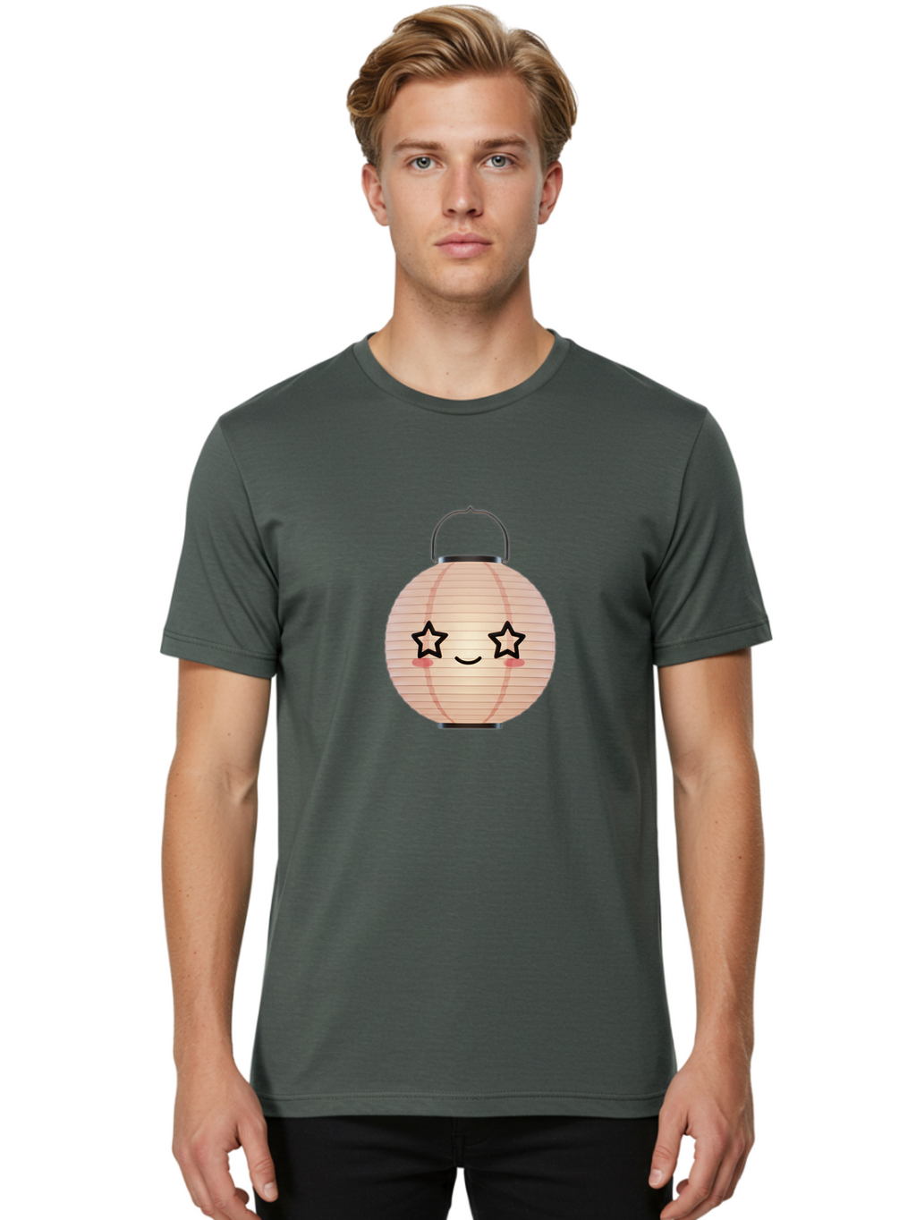 Paper-Lantern-2 Men'S Graphic Tee, 100% Cotton, Comfortable Casual Summer Wear, Machine Washable, Kawaii Paper Lantern, Cute Illustration, Smiling Face, Star Eyes, Pink Cheeks, Japanese Culture, Lantern Art, Cartoon Style, Festive Decoration Bad402