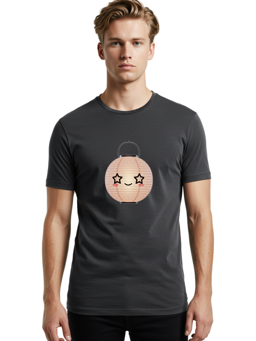 Paper-Lantern-2 Men'S Graphic Tee, 100% Cotton, Comfortable Casual Summer Wear, Machine Washable, Kawaii Paper Lantern, Cute Illustration, Smiling Face, Star Eyes, Pink Cheeks, Japanese Culture, Lantern Art, Cartoon Style, Festive Decoration Bad402