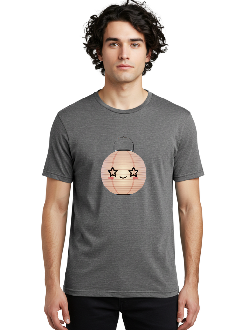 Paper-Lantern-2 Men'S Graphic Tee, 100% Cotton, Comfortable Casual Summer Wear, Machine Washable, Kawaii Paper Lantern, Cute Illustration, Smiling Face, Star Eyes, Pink Cheeks, Japanese Culture, Lantern Art, Cartoon Style, Festive Decoration Bad402