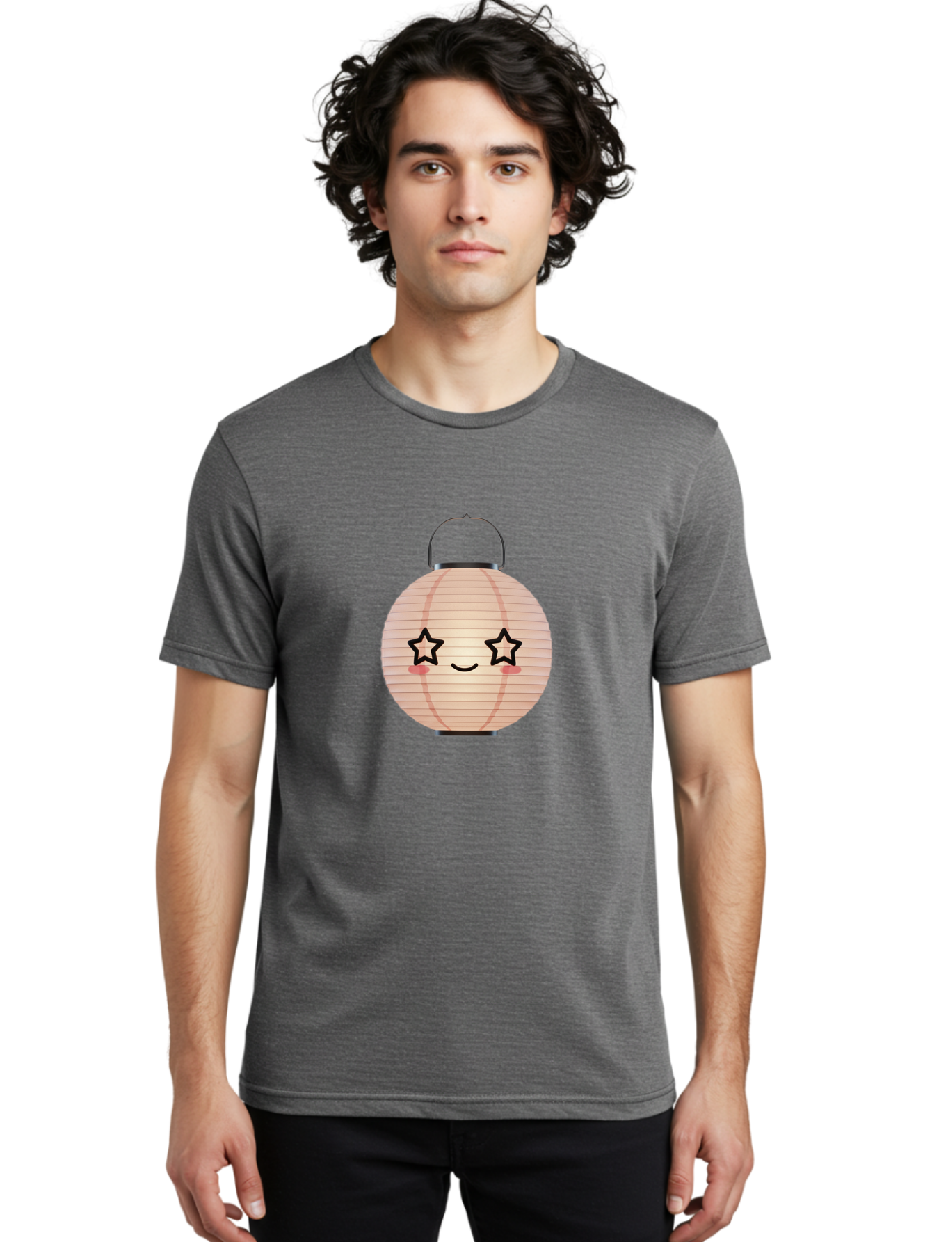 Paper-Lantern-2 Men'S Graphic Tee, 100% Cotton, Comfortable Casual Summer Wear, Machine Washable, Kawaii Paper Lantern, Cute Illustration, Smiling Face, Star Eyes, Pink Cheeks, Japanese Culture, Lantern Art, Cartoon Style, Festive Decoration Bad402