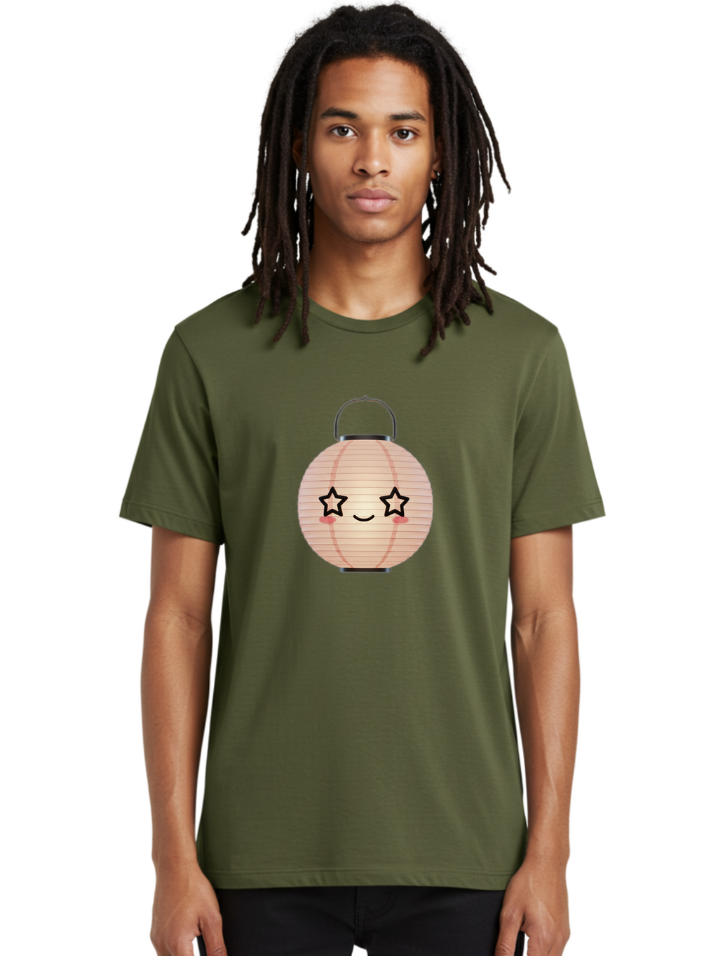 Paper-Lantern-2 Men'S Graphic Tee, 100% Cotton, Comfortable Casual Summer Wear, Machine Washable, Kawaii Paper Lantern, Cute Illustration, Smiling Face, Star Eyes, Pink Cheeks, Japanese Culture, Lantern Art, Cartoon Style, Festive Decoration Bad402