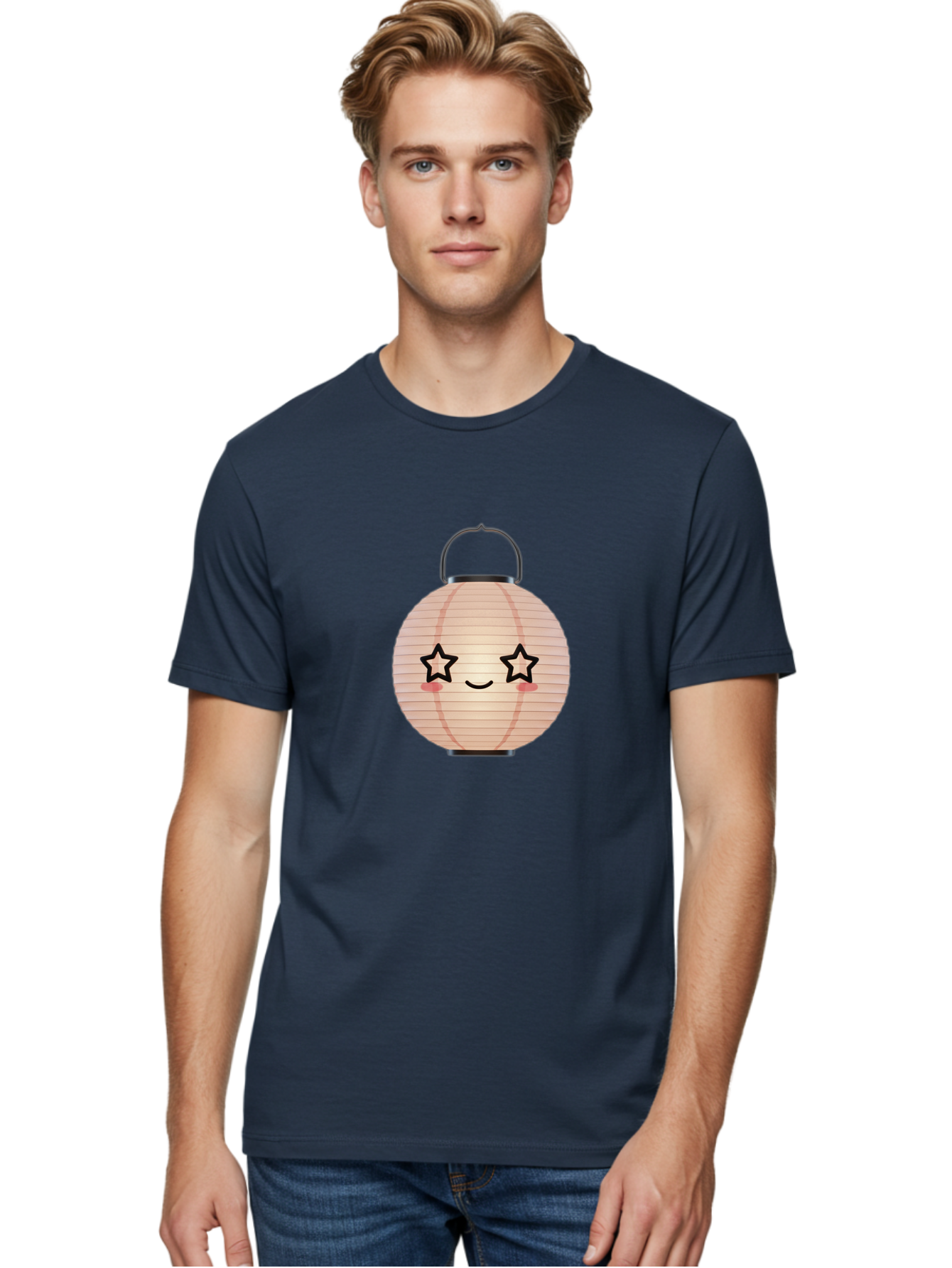 Paper-Lantern-2 Men'S Graphic Tee, 100% Cotton, Comfortable Casual Summer Wear, Machine Washable, Kawaii Paper Lantern, Cute Illustration, Smiling Face, Star Eyes, Pink Cheeks, Japanese Culture, Lantern Art, Cartoon Style, Festive Decoration Bad402