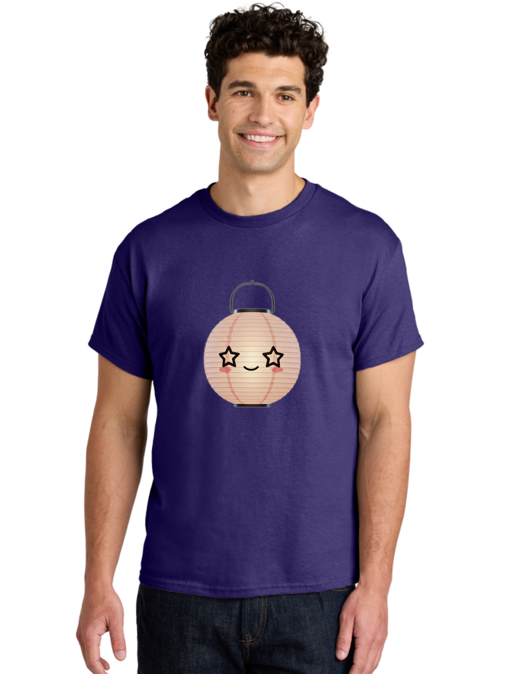Paper-Lantern-2 Men'S Graphic Tee, 100% Cotton, Comfortable Casual Summer Wear, Machine Washable, Kawaii Paper Lantern, Cute Illustration, Smiling Face, Star Eyes, Pink Cheeks, Japanese Culture, Lantern Art, Cartoon Style, Festive Decoration Bad402
