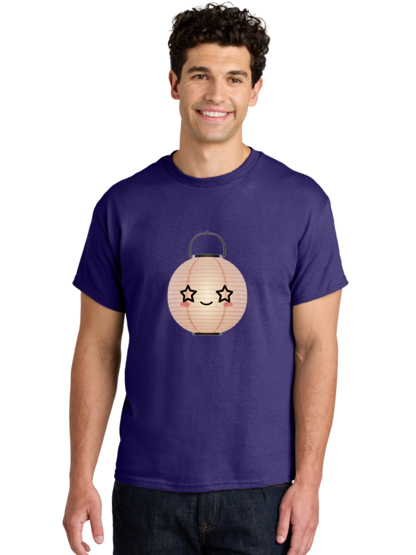 Paper-Lantern-2 Men'S Graphic Tee, 100% Cotton, Comfortable Casual Summer Wear, Machine Washable, Kawaii Paper Lantern, Cute Illustration, Smiling Face, Star Eyes, Pink Cheeks, Japanese Culture, Lantern Art, Cartoon Style, Festive Decoration Bad402