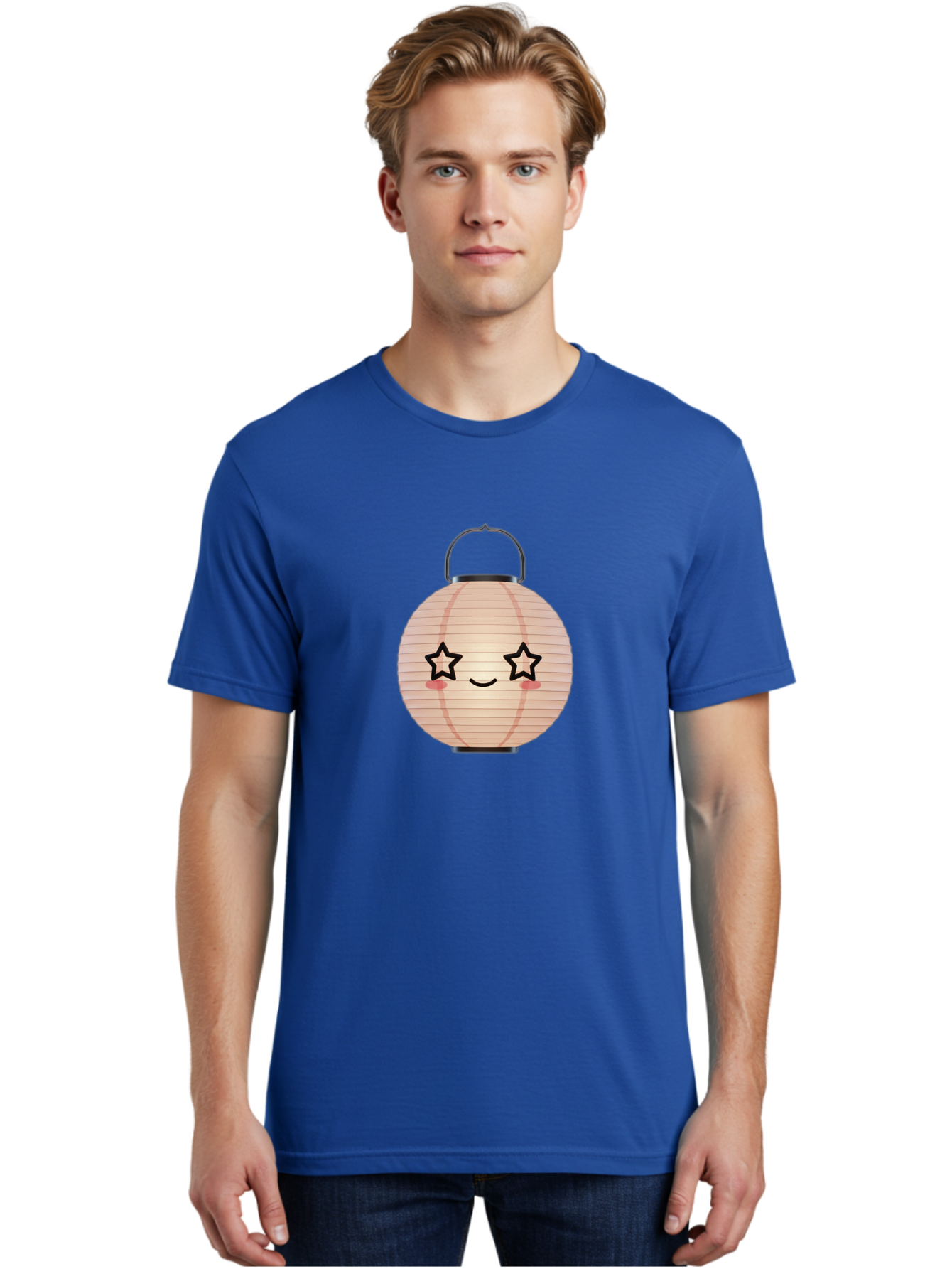 Paper-Lantern-2 Men'S Graphic Tee, 100% Cotton, Comfortable Casual Summer Wear, Machine Washable, Kawaii Paper Lantern, Cute Illustration, Smiling Face, Star Eyes, Pink Cheeks, Japanese Culture, Lantern Art, Cartoon Style, Festive Decoration Bad402