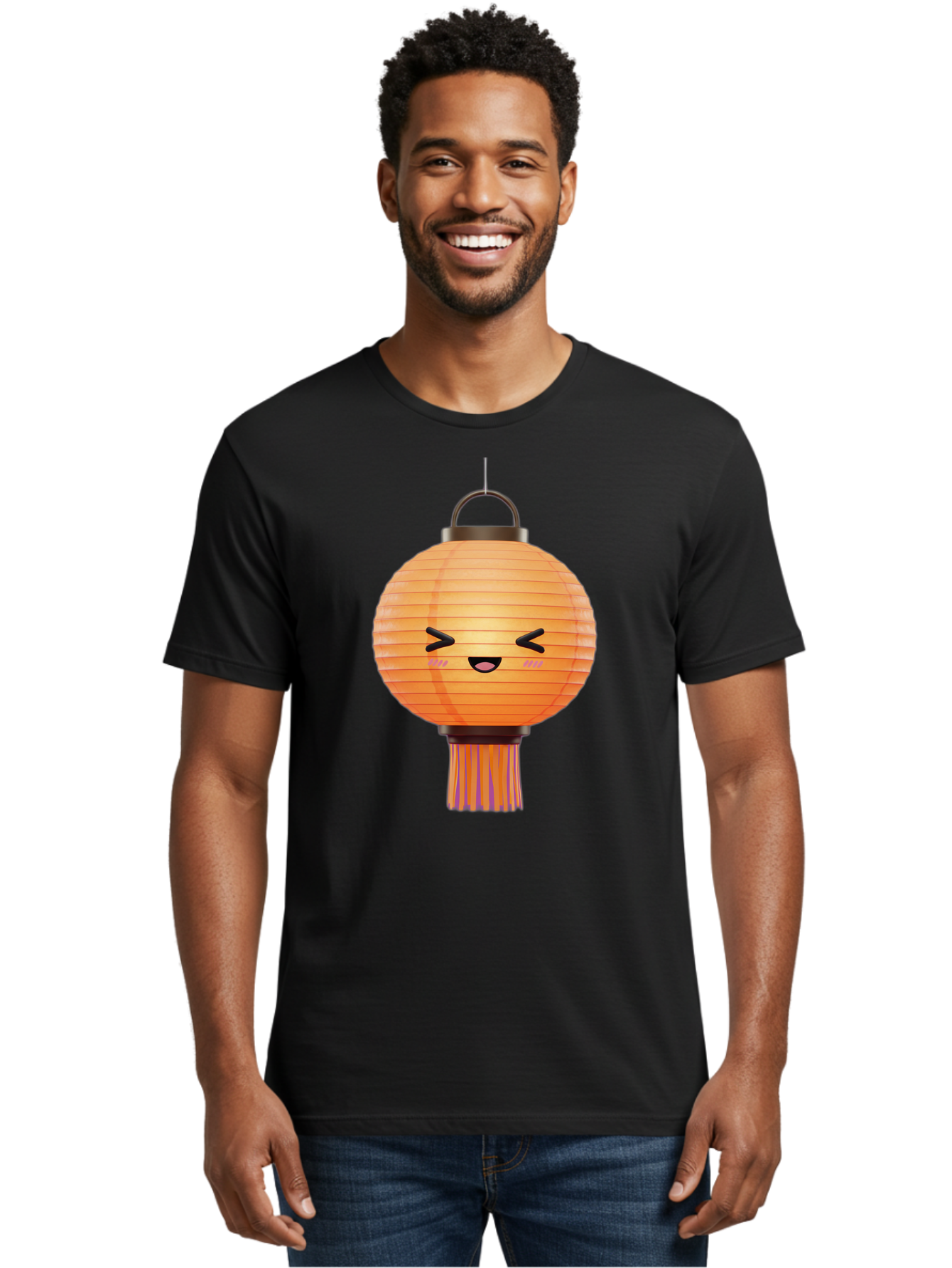 Paper-Lantern-3 Men'S Graphic Tee, 100% Cotton, Comfortable Casual Summer Wear, Machine Washable, Paper Lantern, Smiling Face, Hanging Decoration, Orange Color, Playful Design, Kawaii Style, Japanese Culture, Festive Atmosphere Bad403