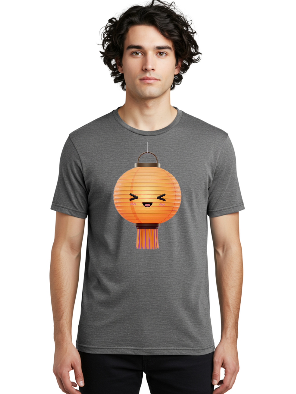 Paper-Lantern-3 Men'S Graphic Tee, 100% Cotton, Comfortable Casual Summer Wear, Machine Washable, Paper Lantern, Smiling Face, Hanging Decoration, Orange Color, Playful Design, Kawaii Style, Japanese Culture, Festive Atmosphere Bad403