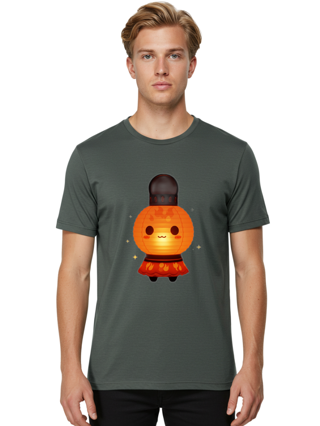 Paper-Lantern-Character-1 Men'S Graphic Tee, 100% Cotton, Comfortable Casual Summer Wear, Machine Washable, Kawaii Character, Paper Lantern, Cute Illustration, Cartoon Style, Orange Lantern, Red Skirt, Festive Atmosphere, Japanese Culture, Bad404