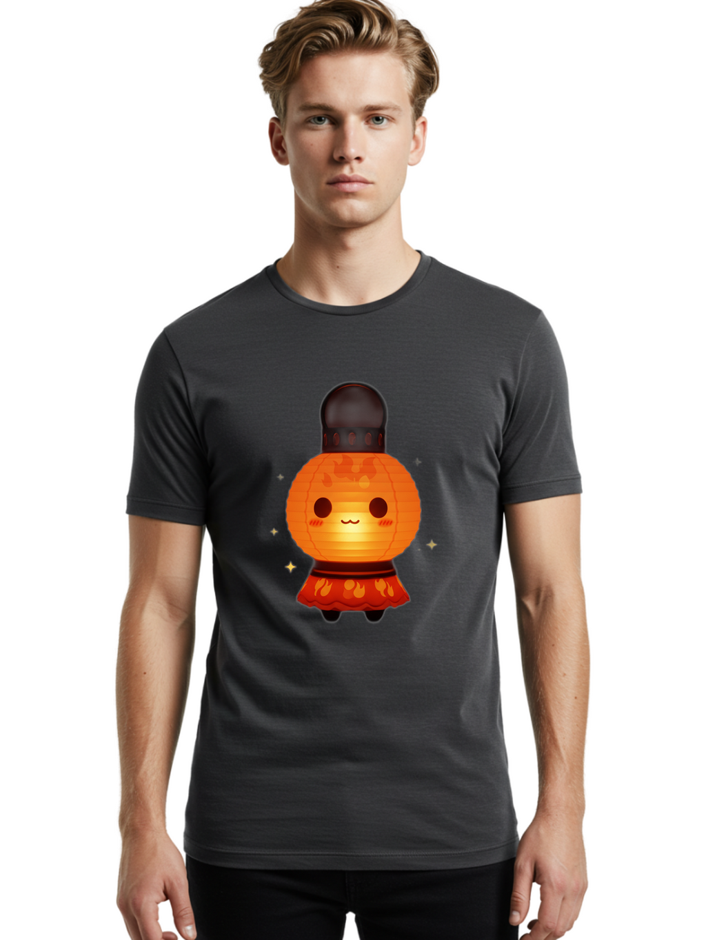 Paper-Lantern-Character-1 Men'S Graphic Tee, 100% Cotton, Comfortable Casual Summer Wear, Machine Washable, Kawaii Character, Paper Lantern, Cute Illustration, Cartoon Style, Orange Lantern, Red Skirt, Festive Atmosphere, Japanese Culture, Bad404