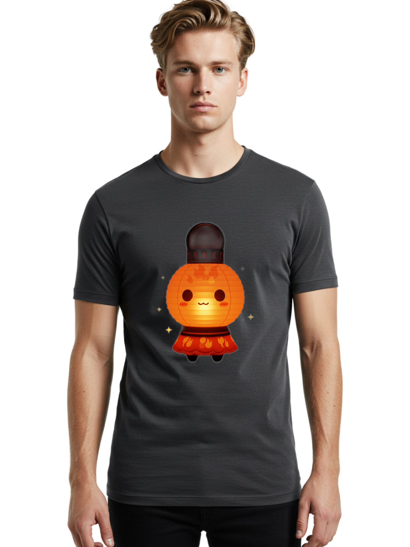 Paper-Lantern-Character-1 Men'S Graphic Tee, 100% Cotton, Comfortable Casual Summer Wear, Machine Washable, Kawaii Character, Paper Lantern, Cute Illustration, Cartoon Style, Orange Lantern, Red Skirt, Festive Atmosphere, Japanese Culture, Bad404