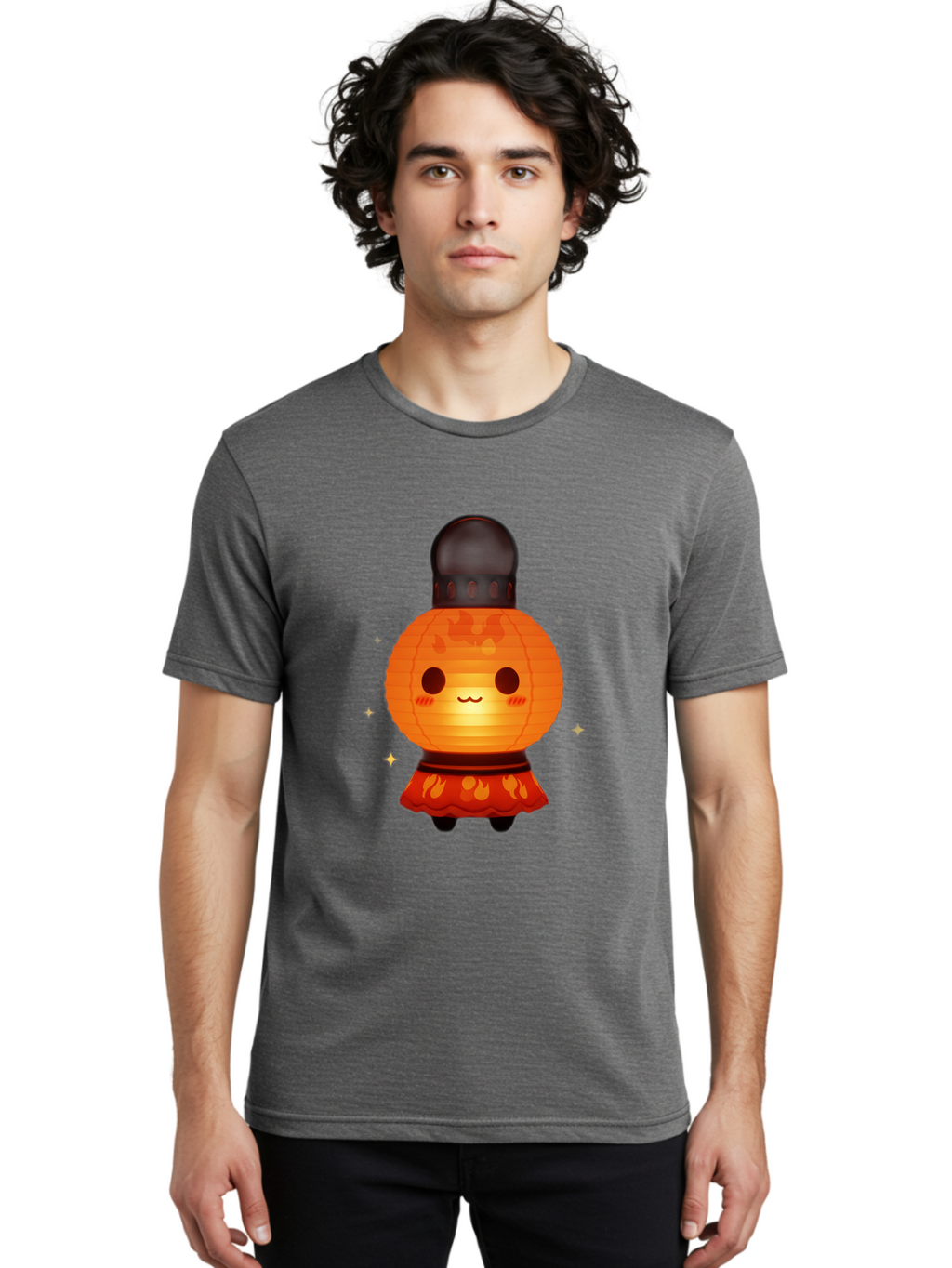 Paper-Lantern-Character-1 Men'S Graphic Tee, 100% Cotton, Comfortable Casual Summer Wear, Machine Washable, Kawaii Character, Paper Lantern, Cute Illustration, Cartoon Style, Orange Lantern, Red Skirt, Festive Atmosphere, Japanese Culture, Bad404