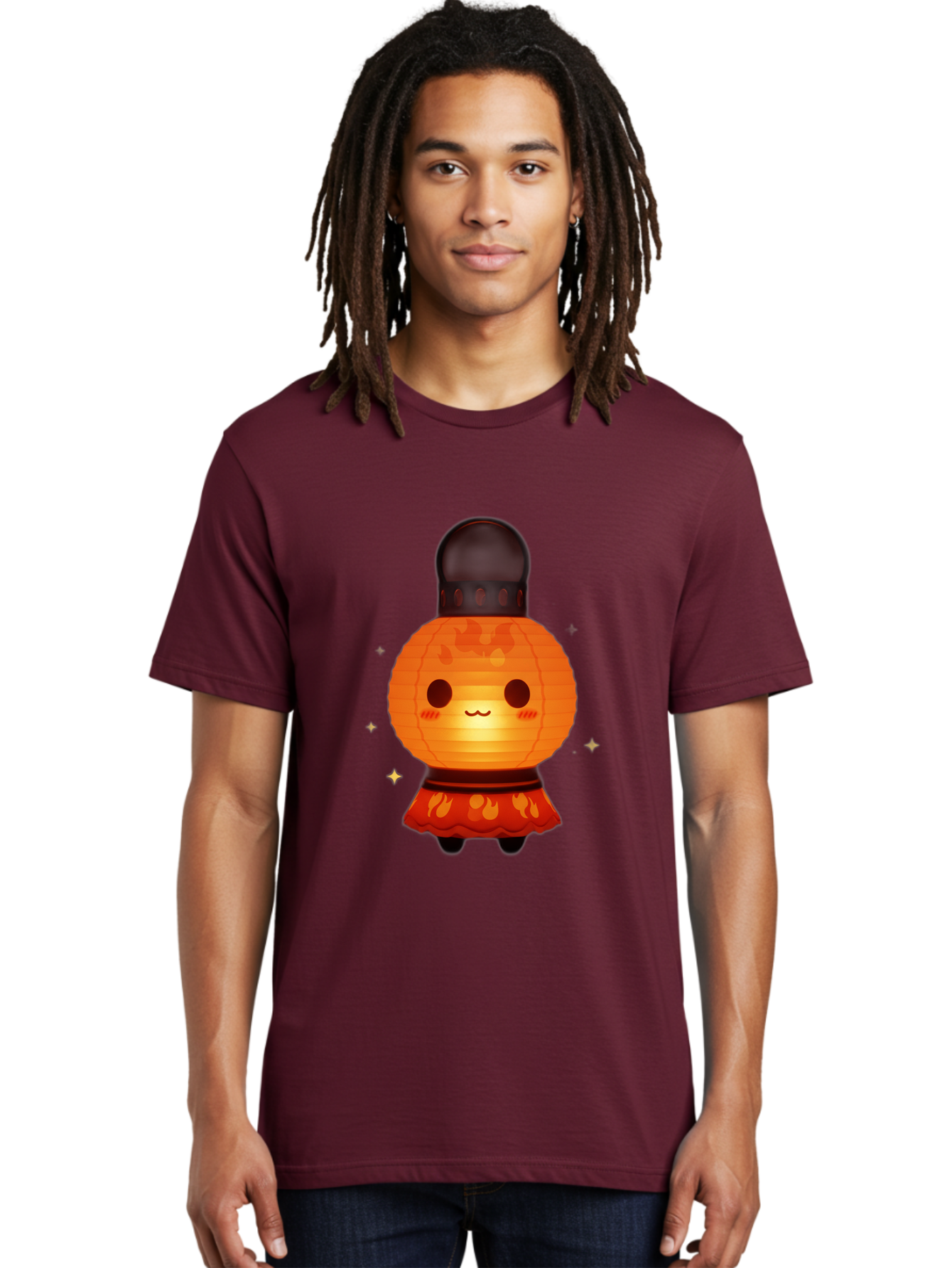 Paper-Lantern-Character-1 Men'S Graphic Tee, 100% Cotton, Comfortable Casual Summer Wear, Machine Washable, Kawaii Character, Paper Lantern, Cute Illustration, Cartoon Style, Orange Lantern, Red Skirt, Festive Atmosphere, Japanese Culture, Bad404