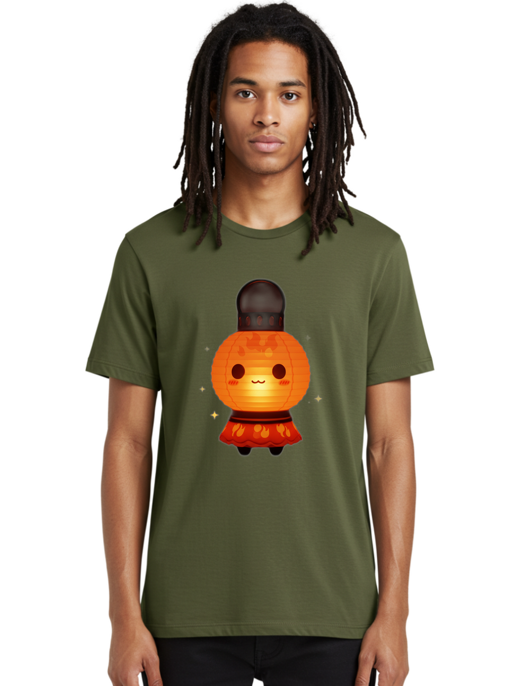 Paper-Lantern-Character-1 Men'S Graphic Tee, 100% Cotton, Comfortable Casual Summer Wear, Machine Washable, Kawaii Character, Paper Lantern, Cute Illustration, Cartoon Style, Orange Lantern, Red Skirt, Festive Atmosphere, Japanese Culture, Bad404