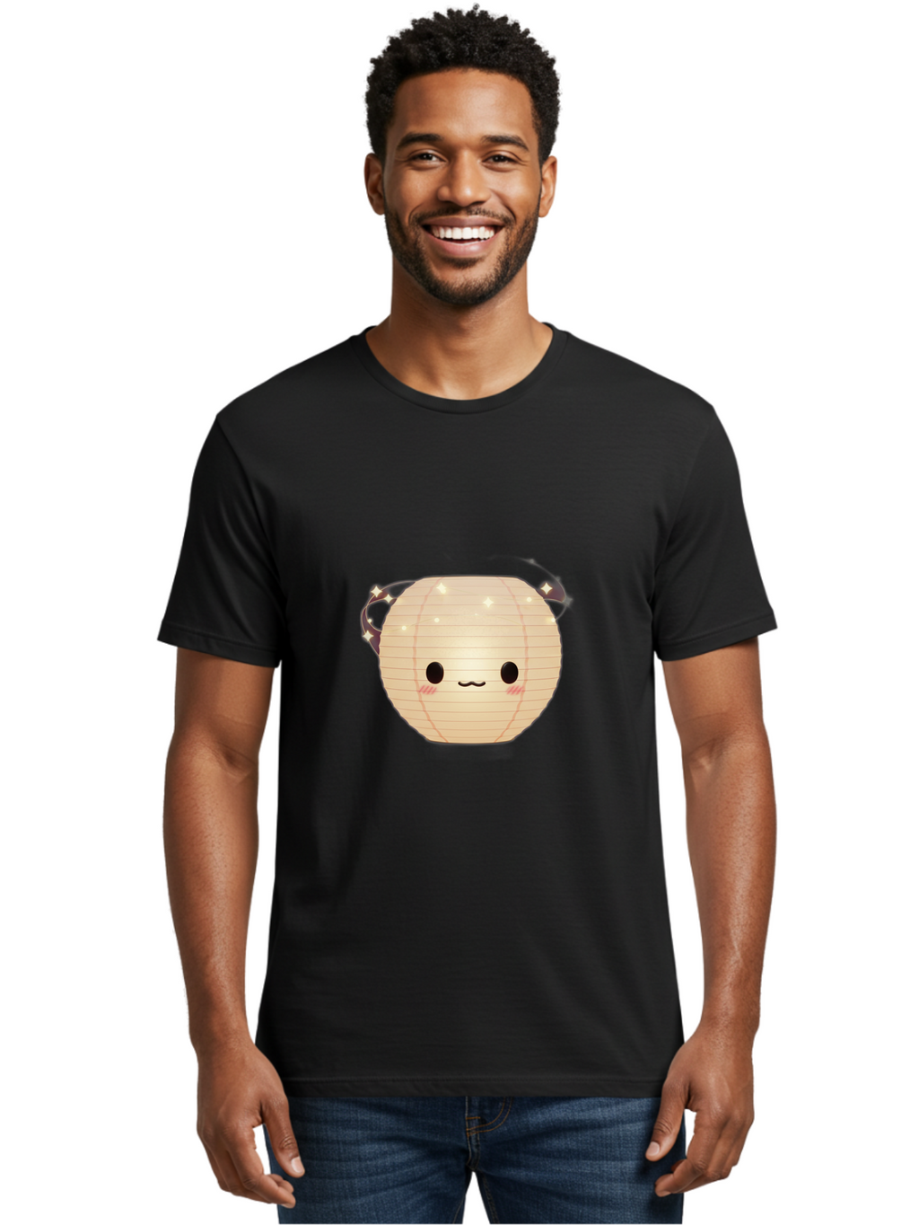 Paper-Lantern-Character Men'S Graphic Tee, 100% Cotton, Comfortable Casual Summer Wear, Machine Washable, Paper Lantern With Face, Kawaii Character, Cartoonish Design, Cute Expression, Glowing Lantern, Festive Decoration, Japanese Culture, Bad405