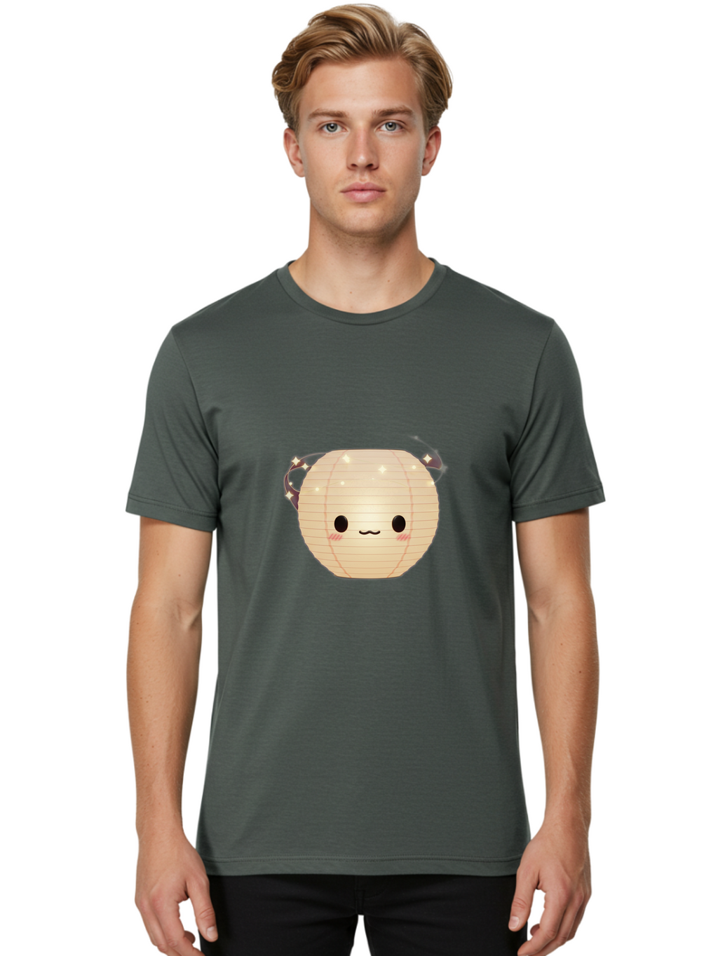 Paper-Lantern-Character Men'S Graphic Tee, 100% Cotton, Comfortable Casual Summer Wear, Machine Washable, Paper Lantern With Face, Kawaii Character, Cartoonish Design, Cute Expression, Glowing Lantern, Festive Decoration, Japanese Culture, Bad405