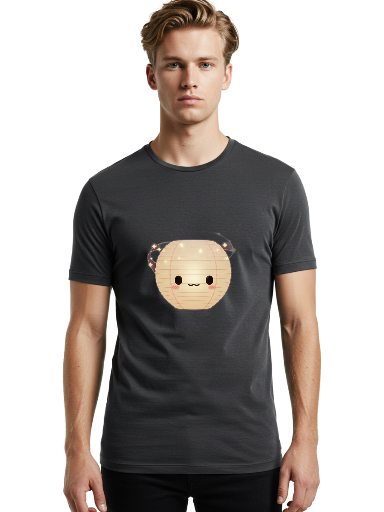 Paper-Lantern-Character Men'S Graphic Tee, 100% Cotton, Comfortable Casual Summer Wear, Machine Washable, Paper Lantern With Face, Kawaii Character, Cartoonish Design, Cute Expression, Glowing Lantern, Festive Decoration, Japanese Culture, Bad405