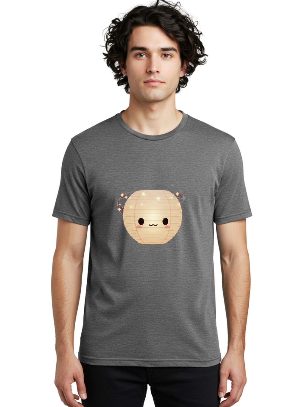 Paper-Lantern-Character Men'S Graphic Tee, 100% Cotton, Comfortable Casual Summer Wear, Machine Washable, Paper Lantern With Face, Kawaii Character, Cartoonish Design, Cute Expression, Glowing Lantern, Festive Decoration, Japanese Culture, Bad405