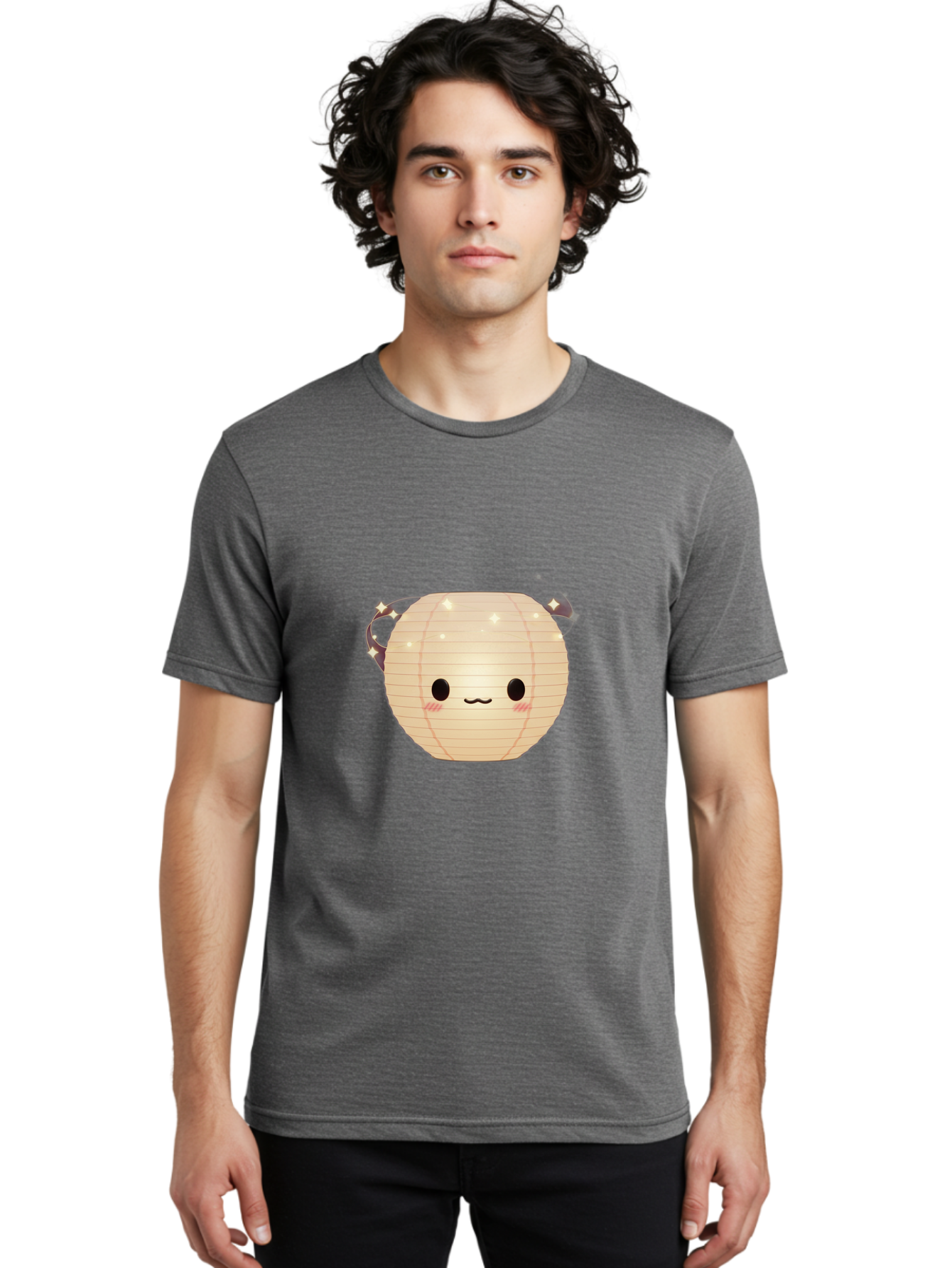 Paper-Lantern-Character Men'S Graphic Tee, 100% Cotton, Comfortable Casual Summer Wear, Machine Washable, Paper Lantern With Face, Kawaii Character, Cartoonish Design, Cute Expression, Glowing Lantern, Festive Decoration, Japanese Culture, Bad405