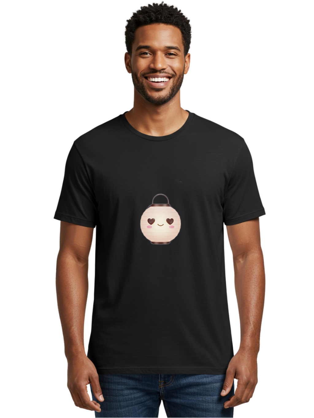Paper-Lantern Men'S Graphic Tee, 100% Cotton, Comfortable Casual Summer Wear, Machine Washable, Paper Lantern With Heart-Shaped Eyes, Cartoon Style, Cute Expression, Pink Cheeks, Smiling Face, Kawaii Design, Love Symbol, Lantern Character Bad406