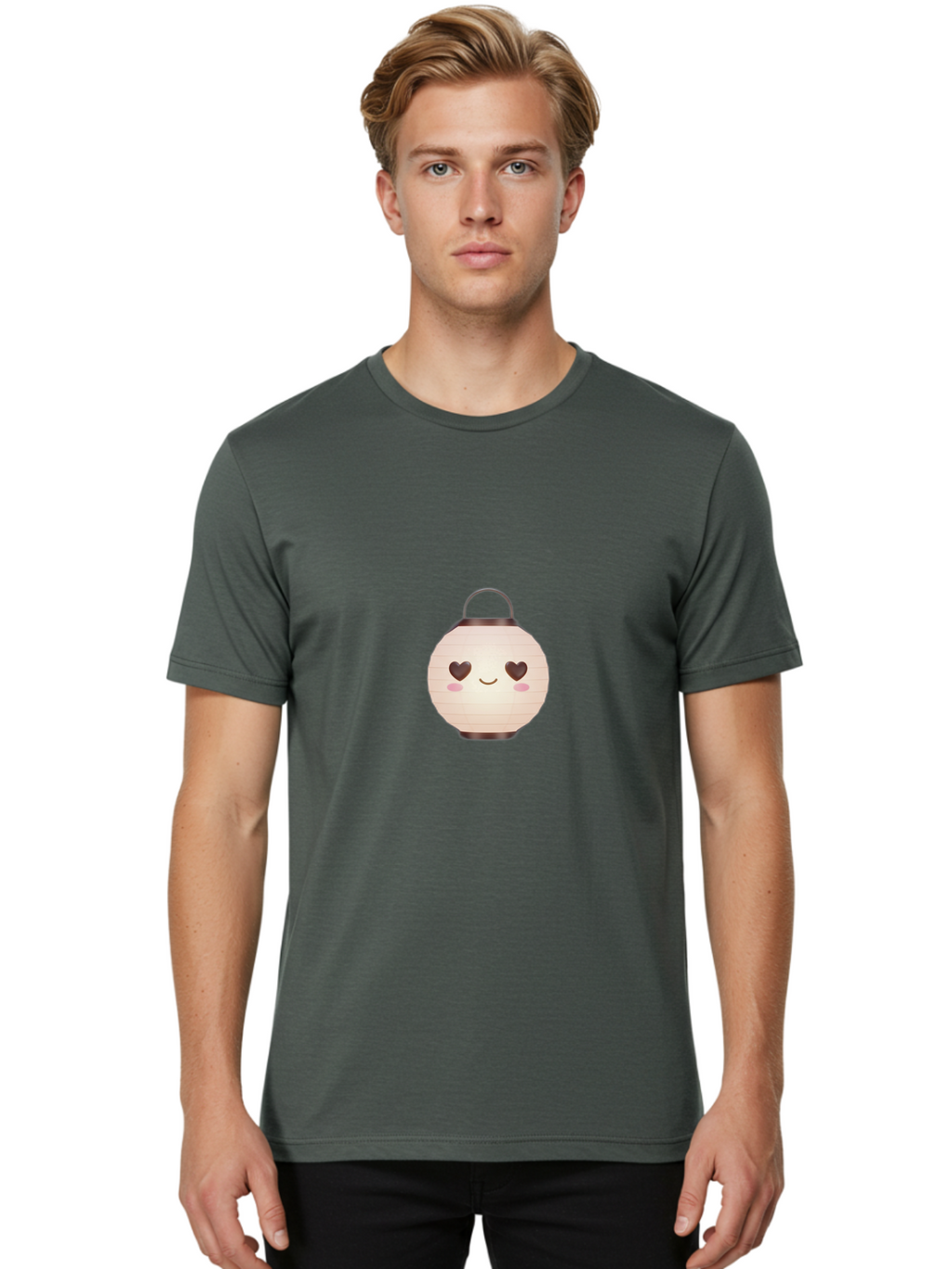 Paper-Lantern Men'S Graphic Tee, 100% Cotton, Comfortable Casual Summer Wear, Machine Washable, Paper Lantern With Heart-Shaped Eyes, Cartoon Style, Cute Expression, Pink Cheeks, Smiling Face, Kawaii Design, Love Symbol, Lantern Character Bad406