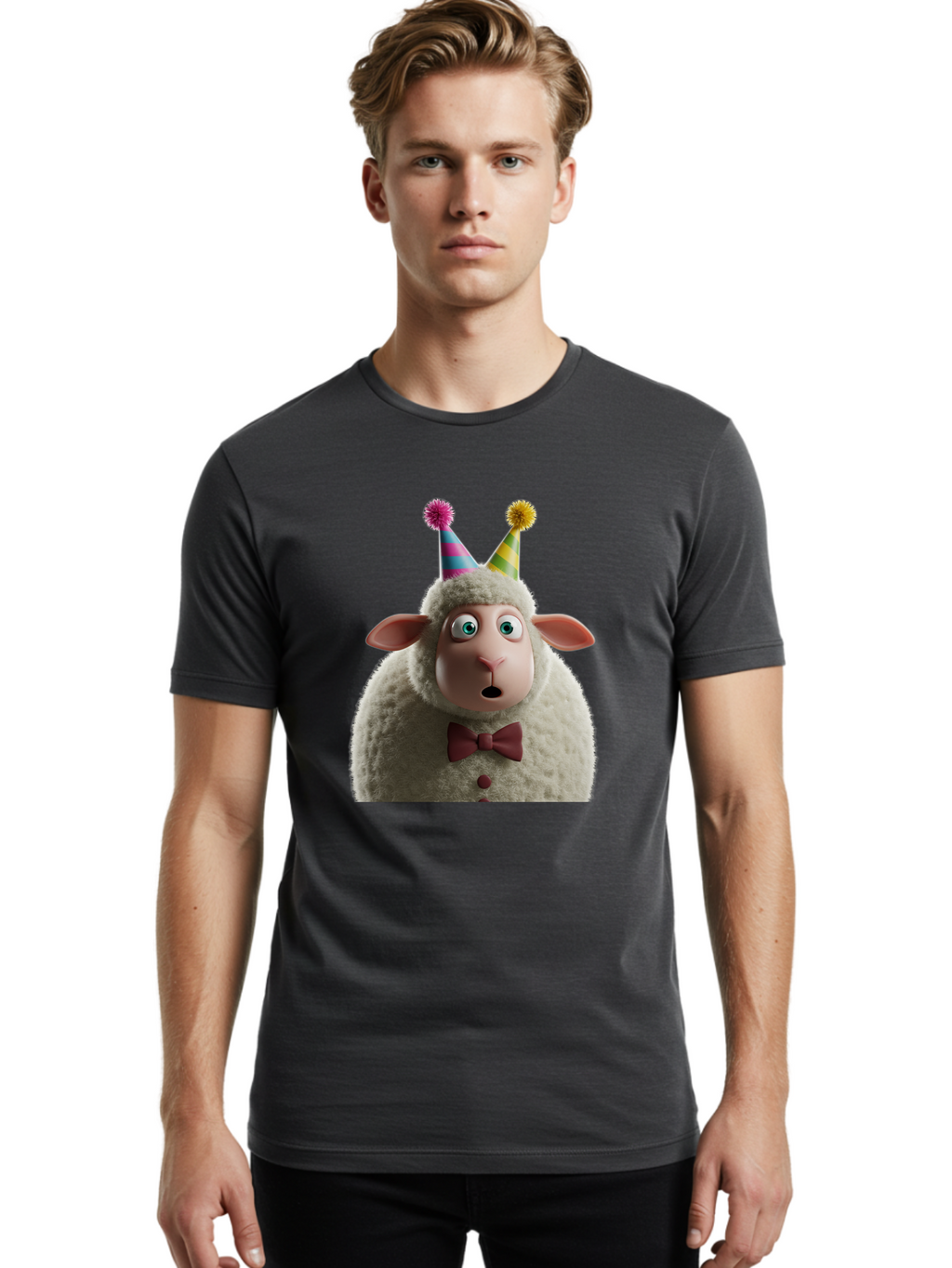 Party-Sheep Men'S Graphic Tee, 100% Cotton, Comfortable Casual Summer Wear, Machine Washable, Funny Sheep, Party Hat, Cute Animal, Surprised Expression, Cartoon Character, Festive Atmosphere, Humorous Illustration, Sheep Character, Bad408
