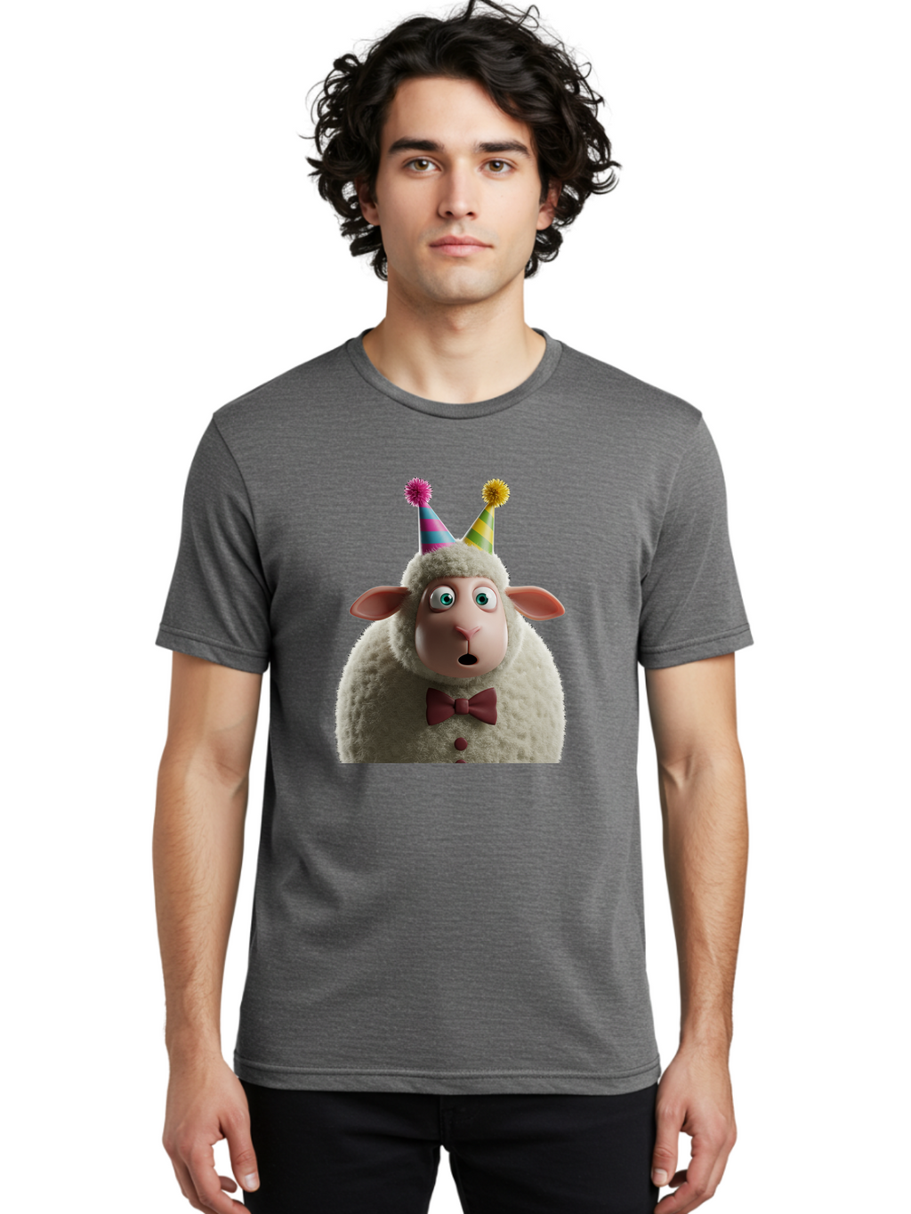 Party-Sheep Men'S Graphic Tee, 100% Cotton, Comfortable Casual Summer Wear, Machine Washable, Funny Sheep, Party Hat, Cute Animal, Surprised Expression, Cartoon Character, Festive Atmosphere, Humorous Illustration, Sheep Character, Bad408