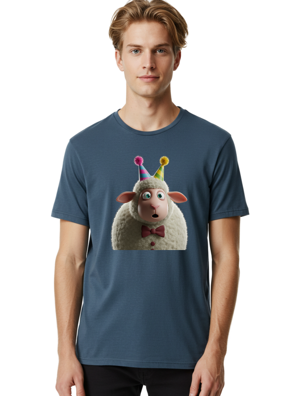 Party-Sheep Men'S Graphic Tee, 100% Cotton, Comfortable Casual Summer Wear, Machine Washable, Funny Sheep, Party Hat, Cute Animal, Surprised Expression, Cartoon Character, Festive Atmosphere, Humorous Illustration, Sheep Character, Bad408