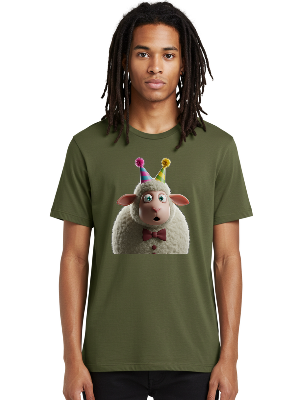 Party-Sheep Men'S Graphic Tee, 100% Cotton, Comfortable Casual Summer Wear, Machine Washable, Funny Sheep, Party Hat, Cute Animal, Surprised Expression, Cartoon Character, Festive Atmosphere, Humorous Illustration, Sheep Character, Bad408