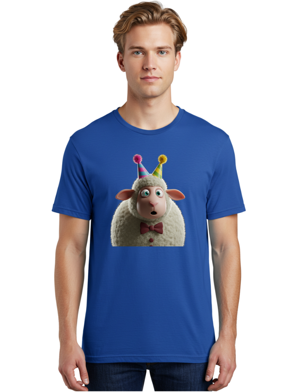 Party-Sheep Men'S Graphic Tee, 100% Cotton, Comfortable Casual Summer Wear, Machine Washable, Funny Sheep, Party Hat, Cute Animal, Surprised Expression, Cartoon Character, Festive Atmosphere, Humorous Illustration, Sheep Character, Bad408