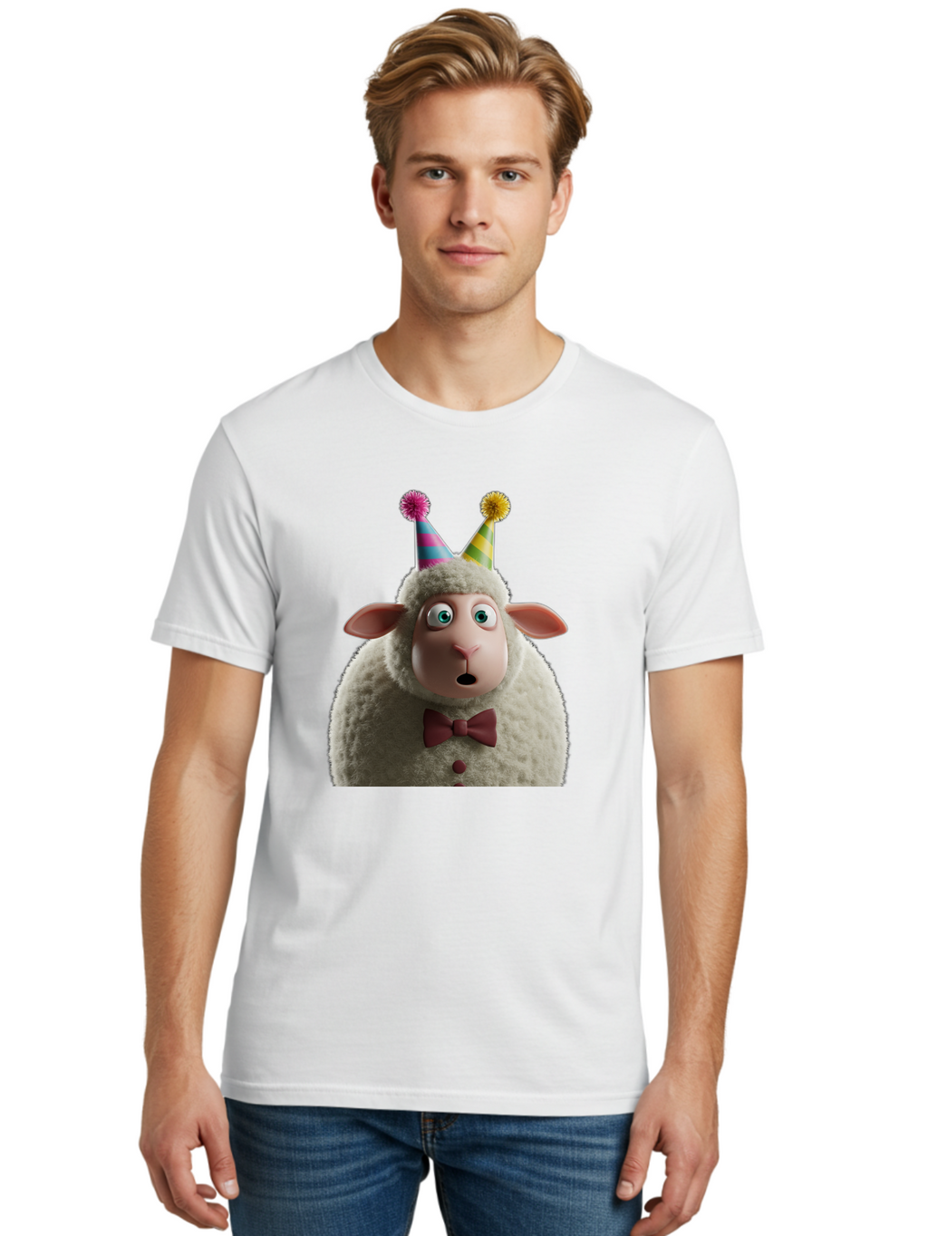 Party-Sheep Men'S Graphic Tee, 100% Cotton, Comfortable Casual Summer Wear, Machine Washable, Funny Sheep, Party Hat, Cute Animal, Surprised Expression, Cartoon Character, Festive Atmosphere, Humorous Illustration, Sheep Character, Bad408