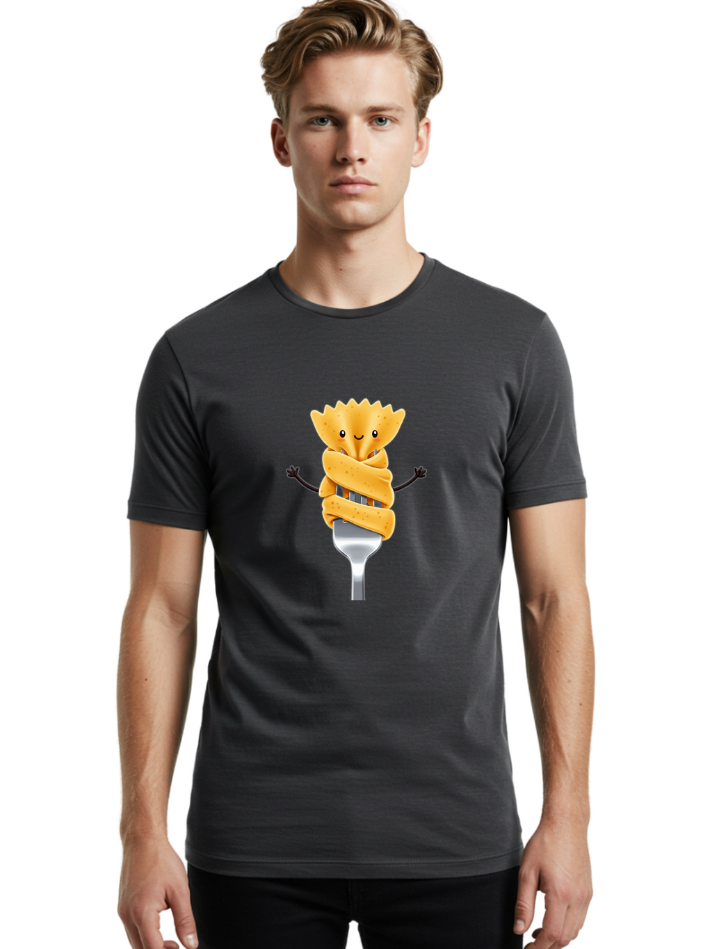 Pasta-Character Men'S Graphic Tee, 100% Cotton, Comfortable Casual Summer Wear, Machine Washable, Pasta On A Fork, Cartoon Character, Happy Expression, Fork Prongs, Pasta Wrapping, Playful Food, Whimsical Illustration, Fun Mealtime, Bad409