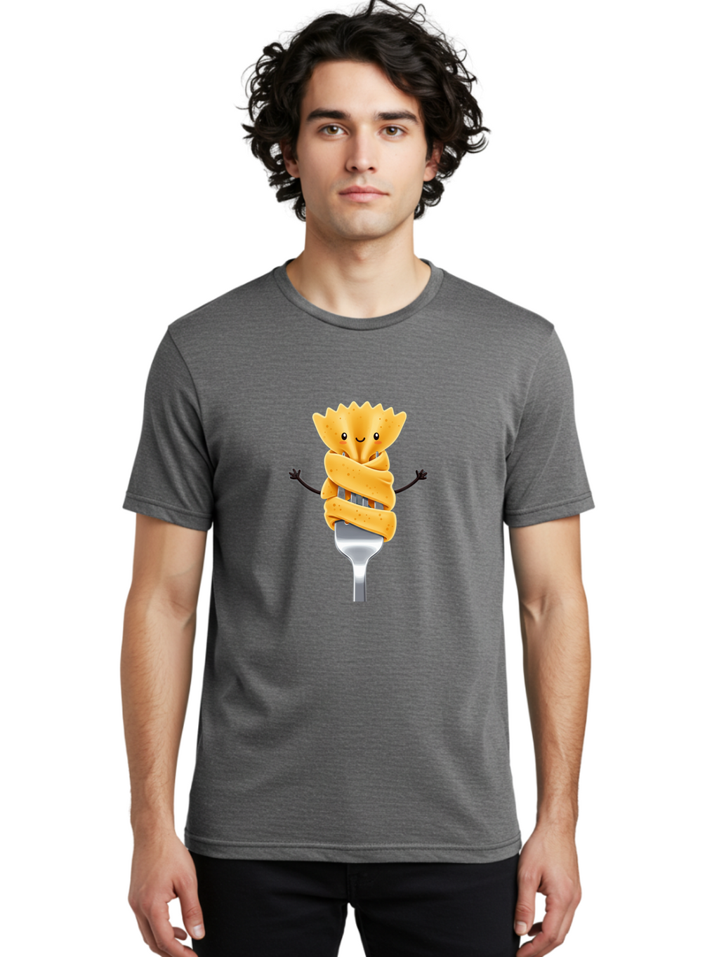 Pasta-Character Men'S Graphic Tee, 100% Cotton, Comfortable Casual Summer Wear, Machine Washable, Pasta On A Fork, Cartoon Character, Happy Expression, Fork Prongs, Pasta Wrapping, Playful Food, Whimsical Illustration, Fun Mealtime, Bad409