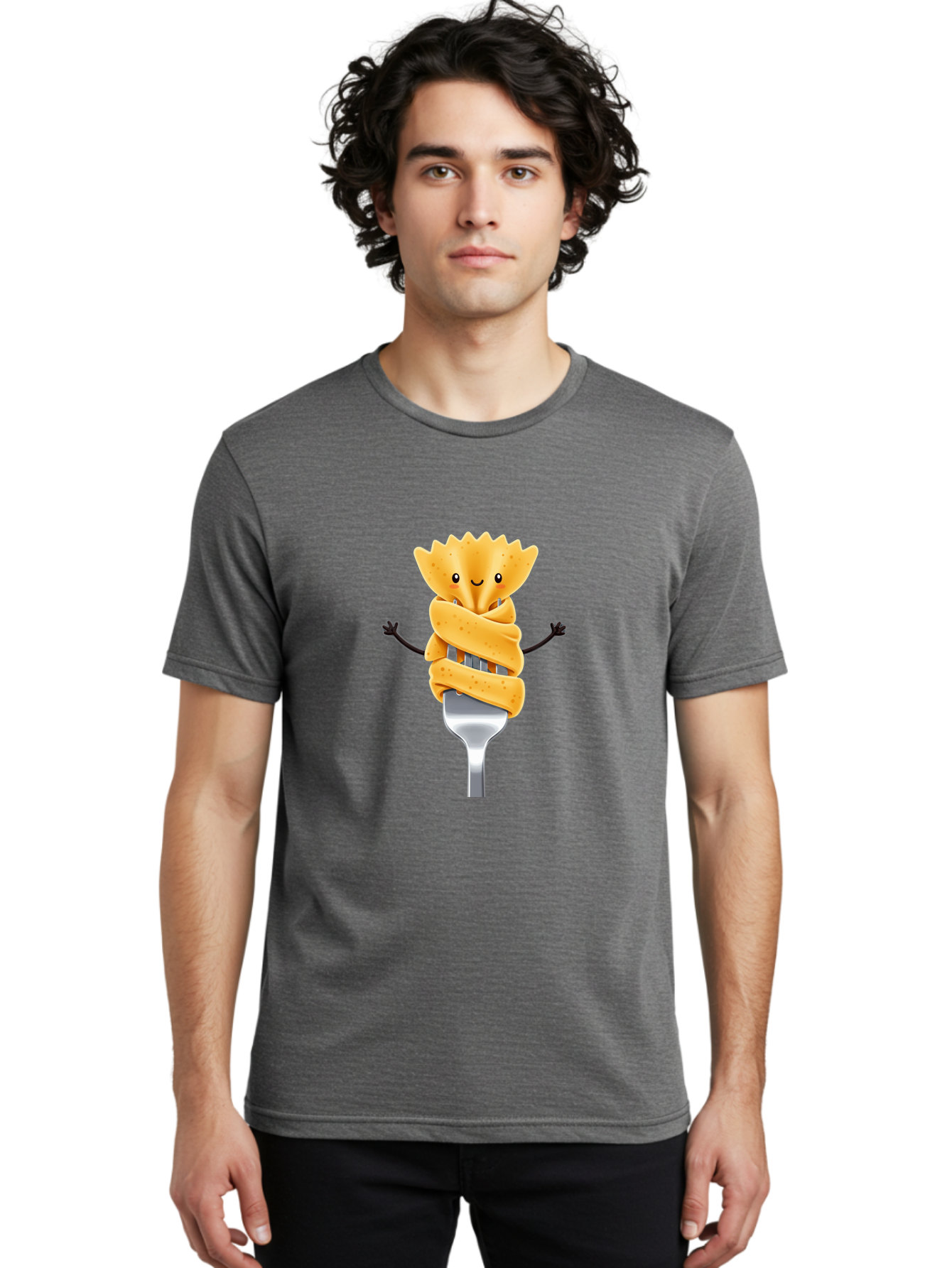Pasta-Character Men'S Graphic Tee, 100% Cotton, Comfortable Casual Summer Wear, Machine Washable, Pasta On A Fork, Cartoon Character, Happy Expression, Fork Prongs, Pasta Wrapping, Playful Food, Whimsical Illustration, Fun Mealtime, Bad409