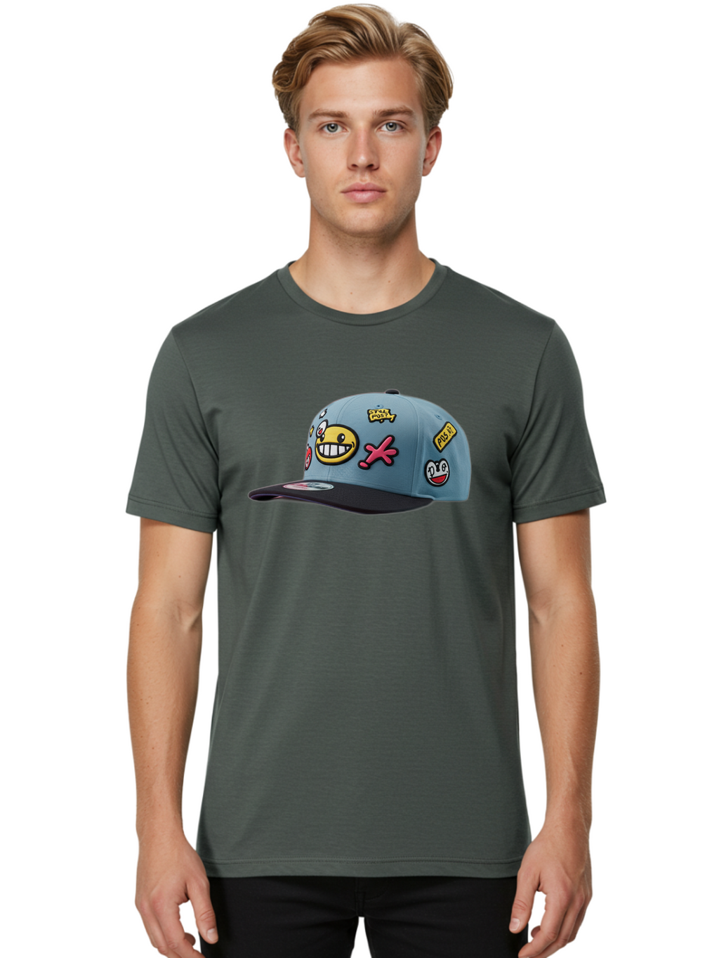 Pawz Men'S Graphic Tee, 100% Cotton, Comfortable Casual Summer Wear, Machine Washable, Streetwear Baseball Cap, Paul G Patches, Cartoon Smiley Face, Fashion Accessory, Street Style, Youth Culture, Graphic Design Bad410