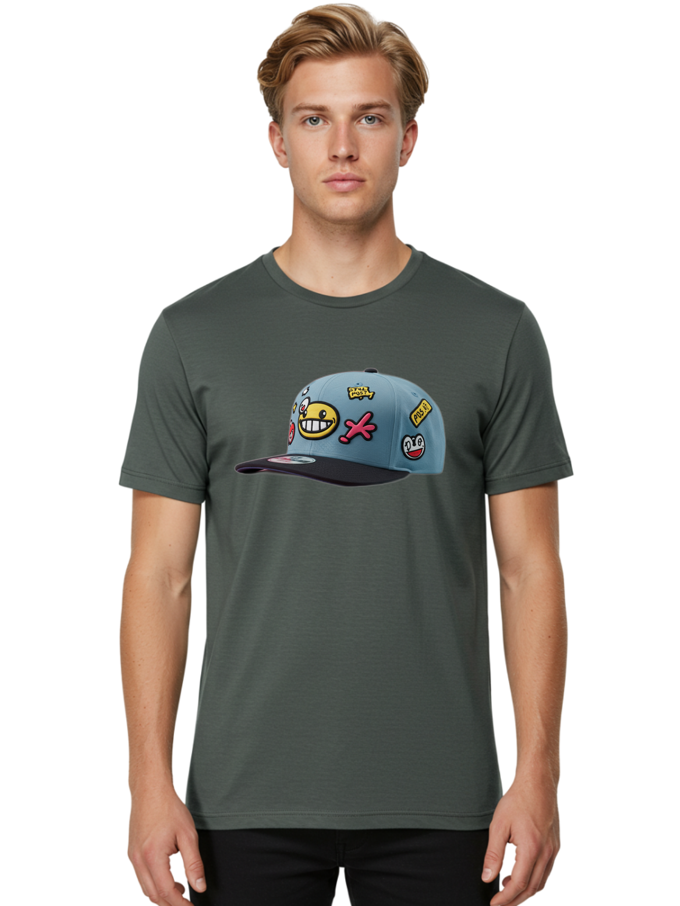 Pawz Men'S Graphic Tee, 100% Cotton, Comfortable Casual Summer Wear, Machine Washable, Streetwear Baseball Cap, Paul G Patches, Cartoon Smiley Face, Fashion Accessory, Street Style, Youth Culture, Graphic Design Bad410