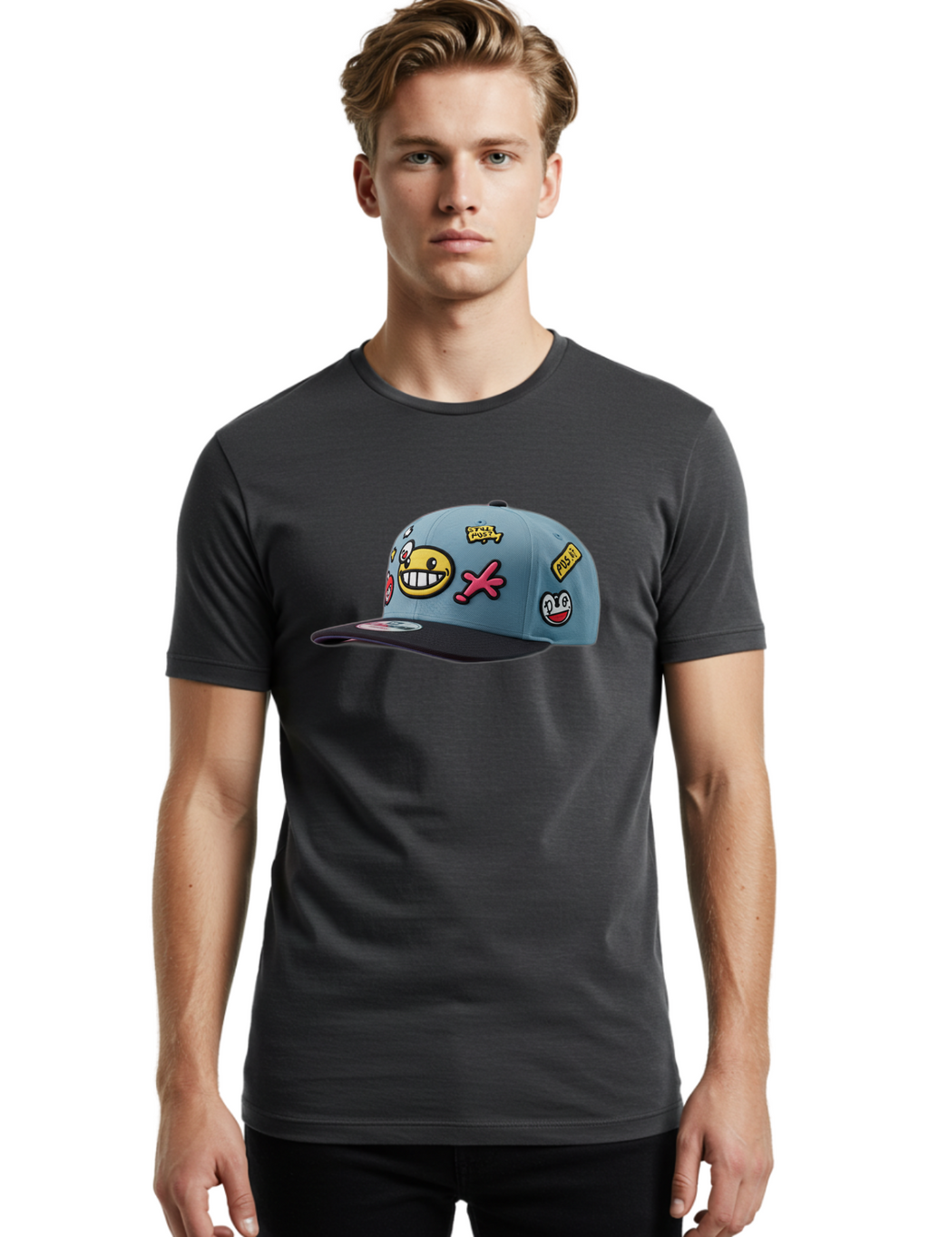 Pawz Men'S Graphic Tee, 100% Cotton, Comfortable Casual Summer Wear, Machine Washable, Streetwear Baseball Cap, Paul G Patches, Cartoon Smiley Face, Fashion Accessory, Street Style, Youth Culture, Graphic Design Bad410