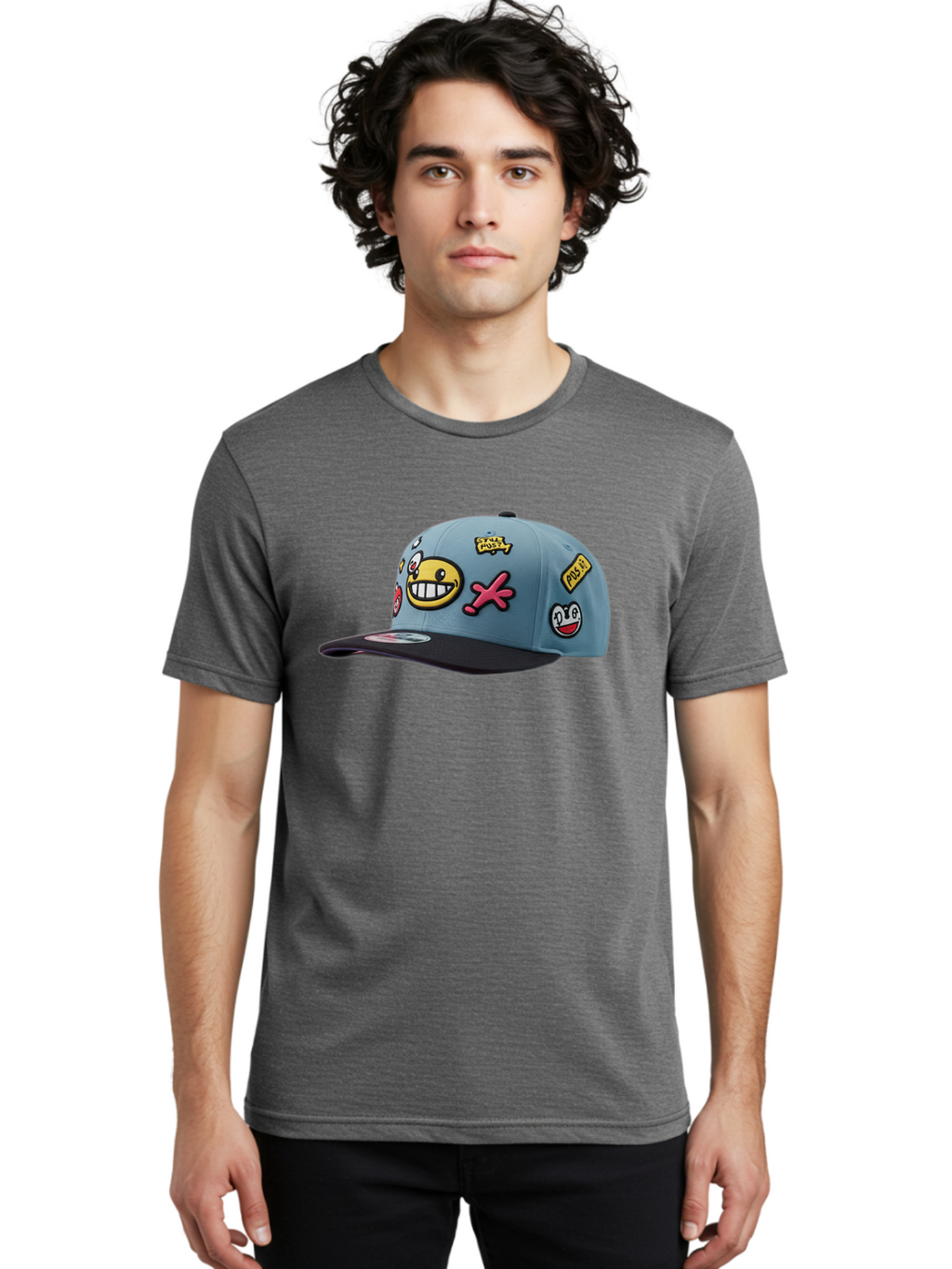 Pawz Men'S Graphic Tee, 100% Cotton, Comfortable Casual Summer Wear, Machine Washable, Streetwear Baseball Cap, Paul G Patches, Cartoon Smiley Face, Fashion Accessory, Street Style, Youth Culture, Graphic Design Bad410