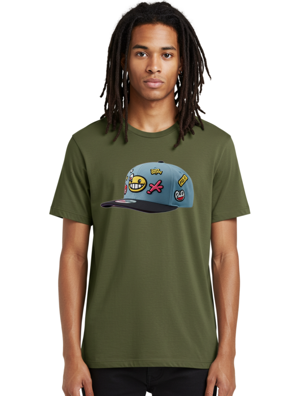 Pawz Men'S Graphic Tee, 100% Cotton, Comfortable Casual Summer Wear, Machine Washable, Streetwear Baseball Cap, Paul G Patches, Cartoon Smiley Face, Fashion Accessory, Street Style, Youth Culture, Graphic Design Bad410