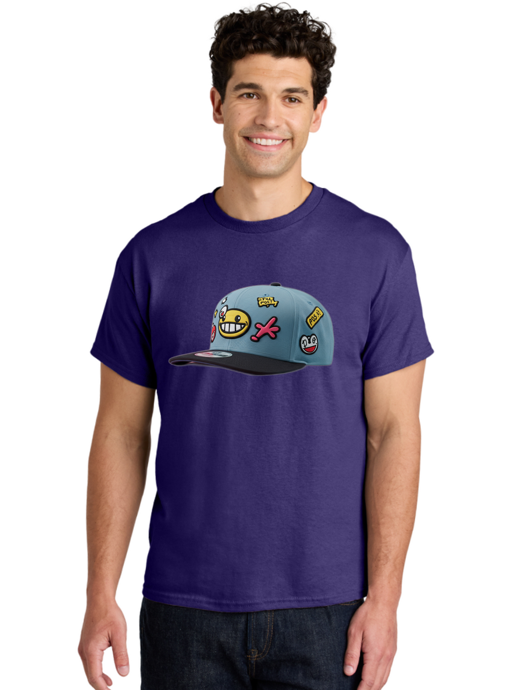 Pawz Men'S Graphic Tee, 100% Cotton, Comfortable Casual Summer Wear, Machine Washable, Streetwear Baseball Cap, Paul G Patches, Cartoon Smiley Face, Fashion Accessory, Street Style, Youth Culture, Graphic Design Bad410