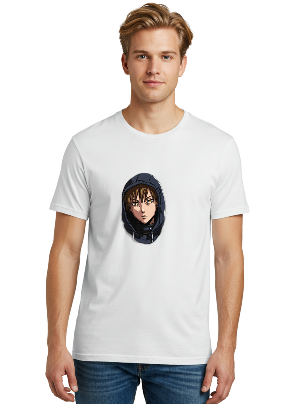 Person-Wearing-Hoodie Men'S Graphic Tee, 100% Cotton, Comfortable Casual Summer Wear, Machine Washable, Anime Female Character, Hooded Figure, Mysterious Woman, Dark Clothing, Intense Gaze, Green Eyes, Anime Art, Cartoon Character, Bad412