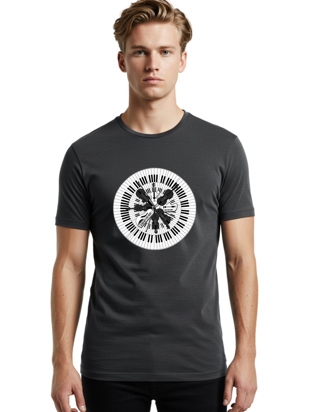 Piano-Keys-Music-Instruments Men'S Graphic Tee, 100% Cotton, Comfortable Casual Summer Wear, Machine Washable, Music Instruments, Musical Notes, Guitar, Microphone, Sound Equipment, Audio Technology, Music Production, Sound Waves, Bad413