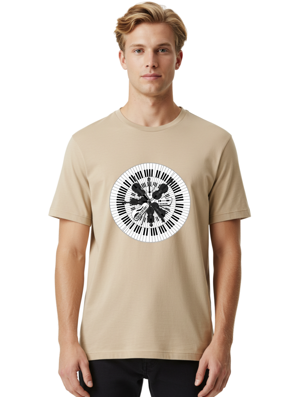 Piano-Keys-Music-Instruments Men'S Graphic Tee, 100% Cotton, Comfortable Casual Summer Wear, Machine Washable, Music Instruments, Musical Notes, Guitar, Microphone, Sound Equipment, Audio Technology, Music Production, Sound Waves, Bad413